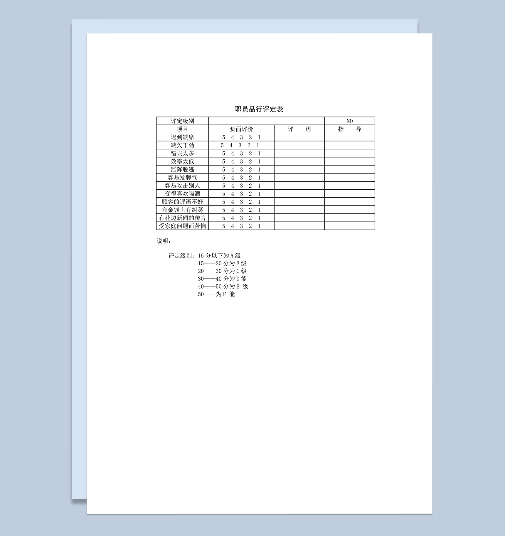 职员品行评定表word模板