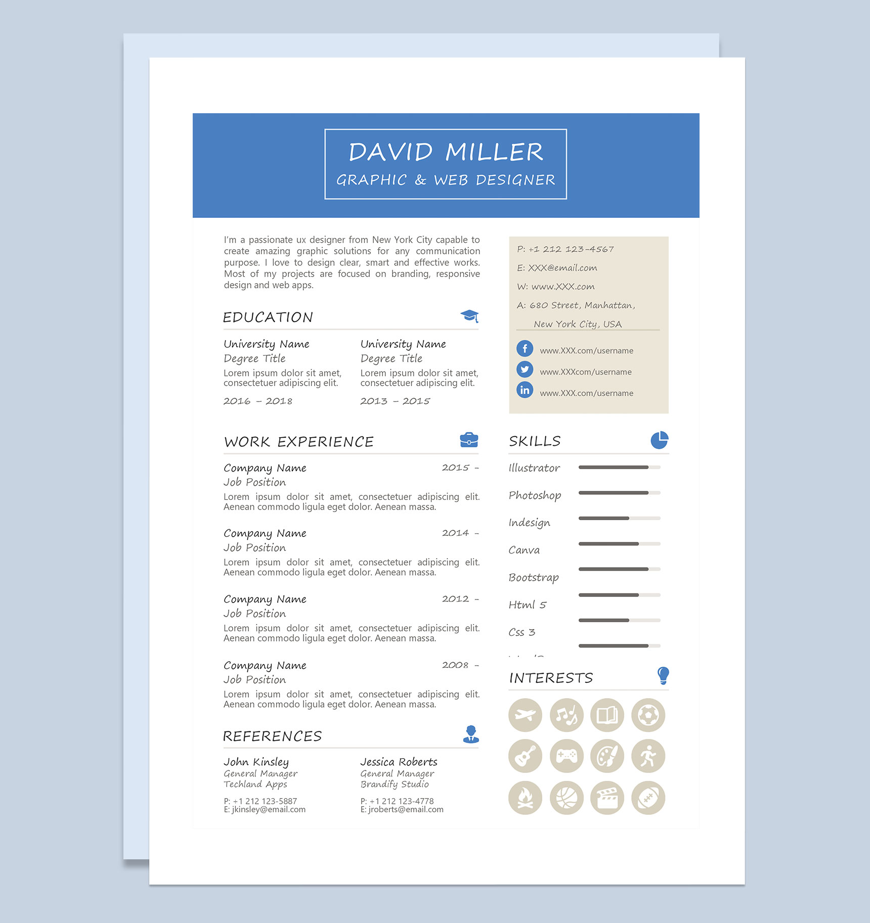 蓝色简约风网页设计师个人简历Word模板