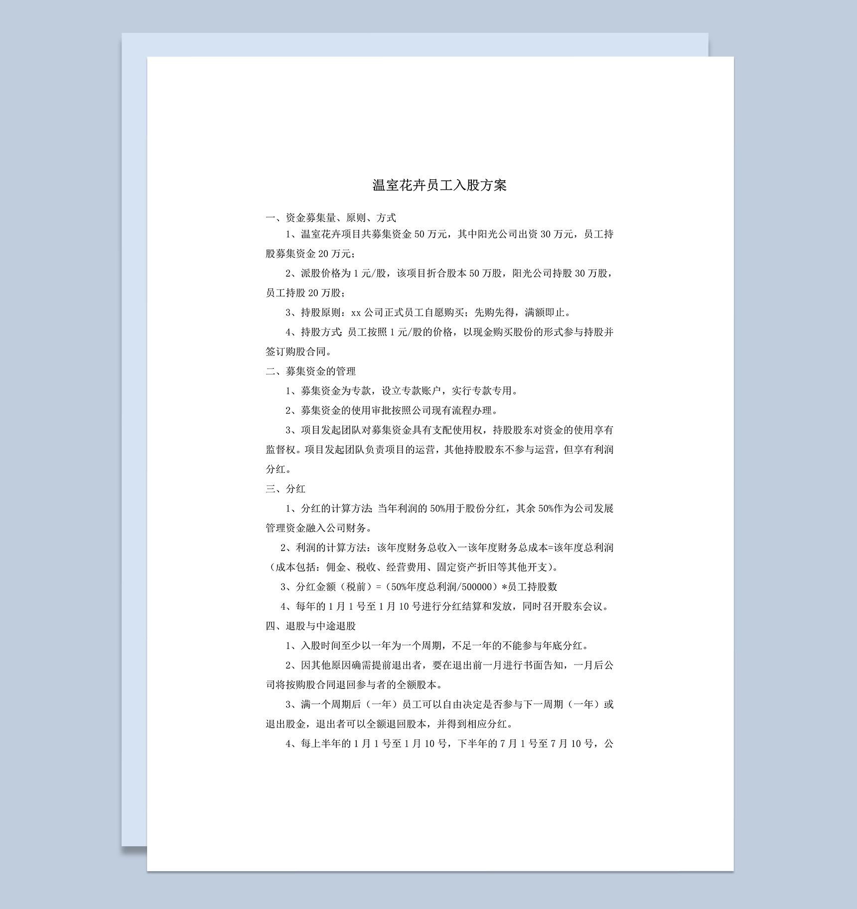 公司员工入股方案细则明细表word模板