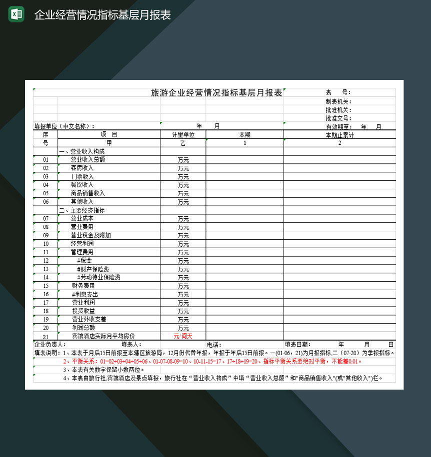 旅游企业经营情况指标基层月报表Excel模板