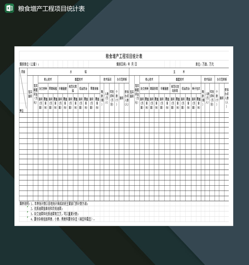 粮食增产工程项目统计表Excel模板