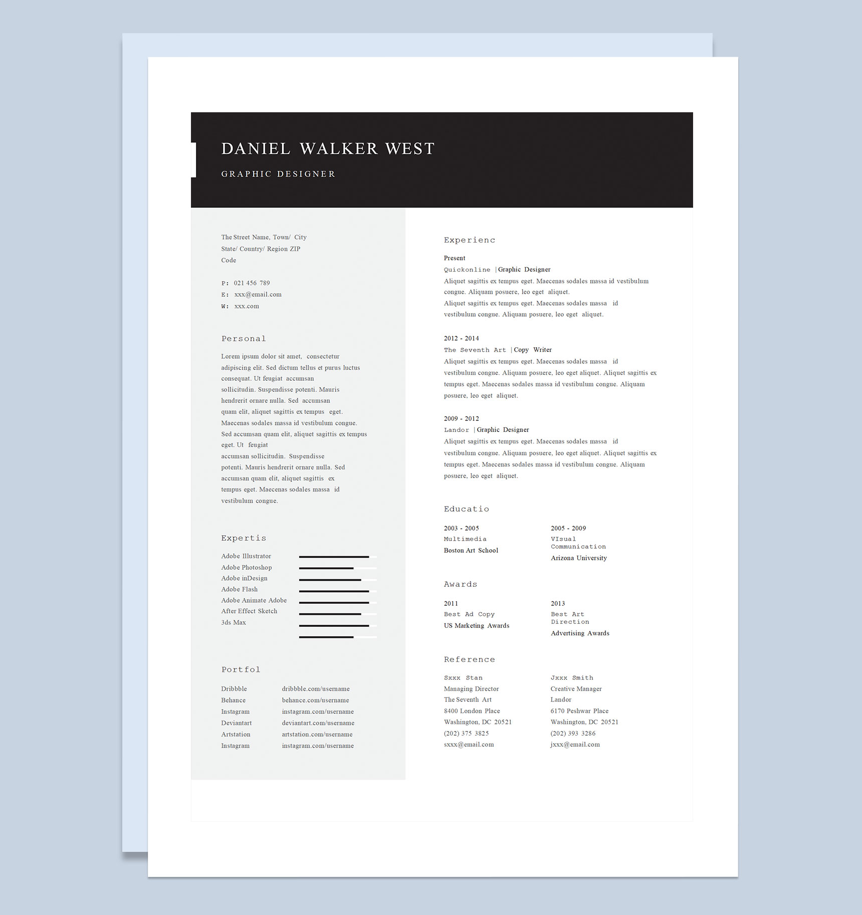 简约商务风外企平面设计师求职通用个人简历英文简历自荐信Word模板