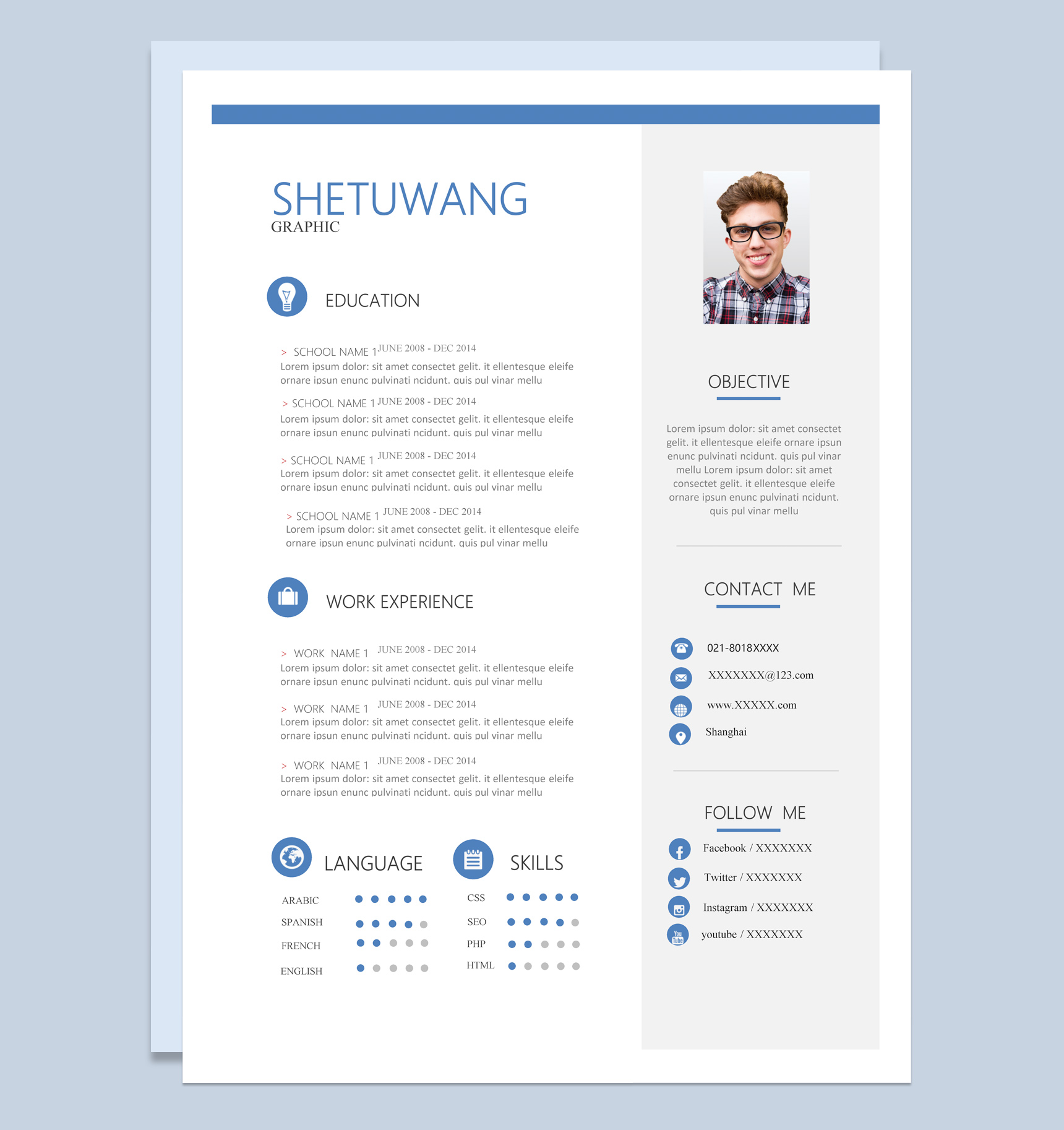 蓝色简约风格大学个人求职英文简历Word模板