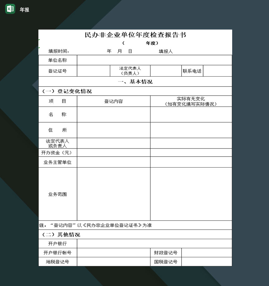 民办非企业单位年度检查报告填写表格Excel模板