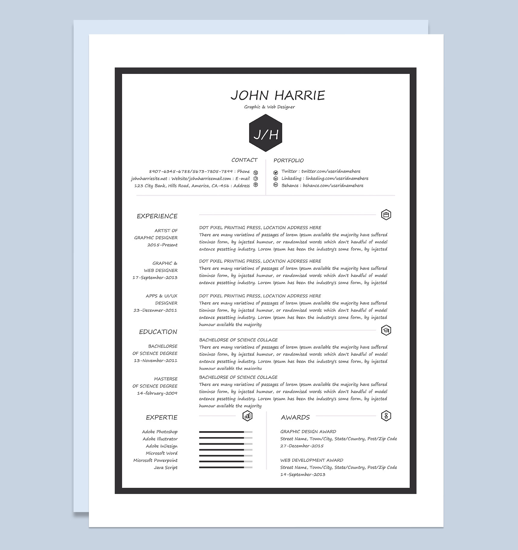 平面设计师和网页设计师通用的个人简历求职信自荐信Word模板