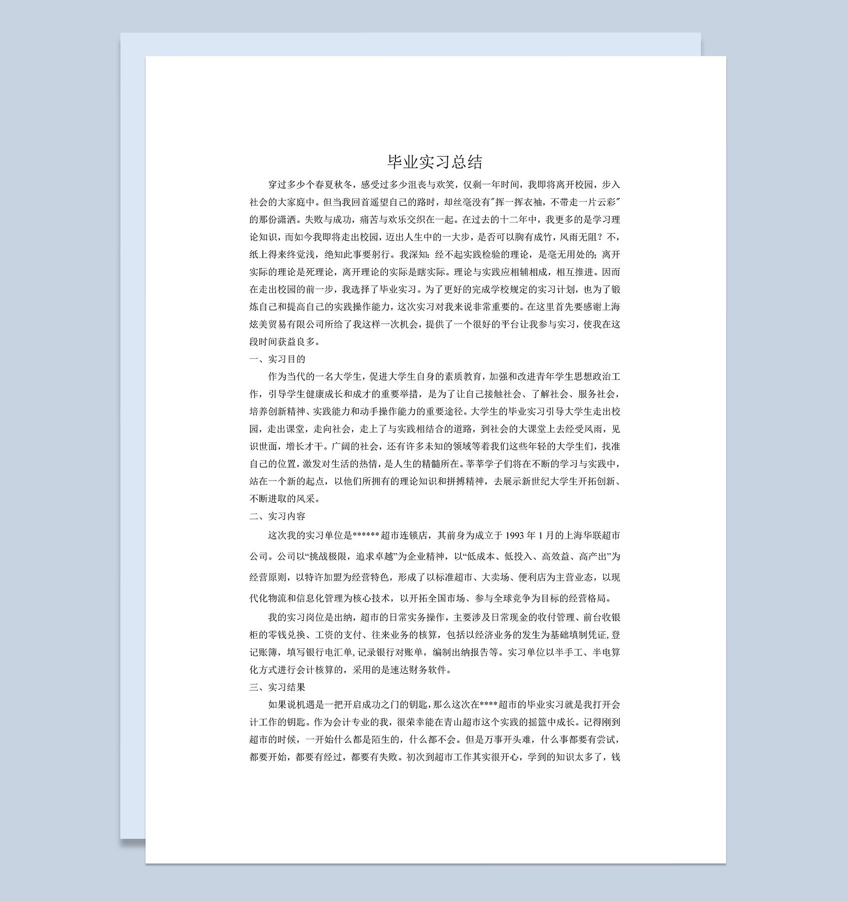 简洁风格超市出纳实习总结汇报范本Word模板