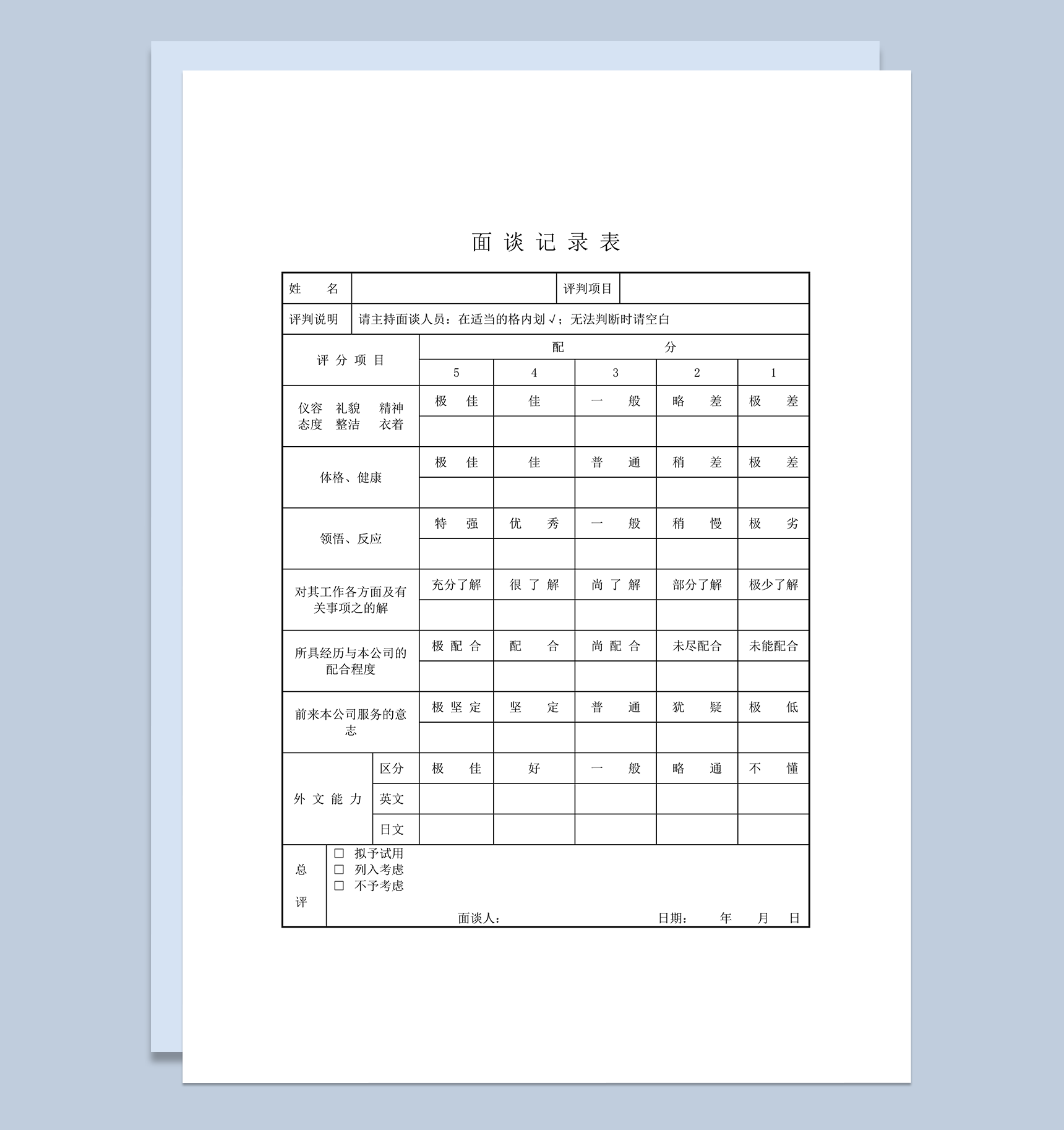 公司人事招聘了解应聘人员面谈记录表word模板