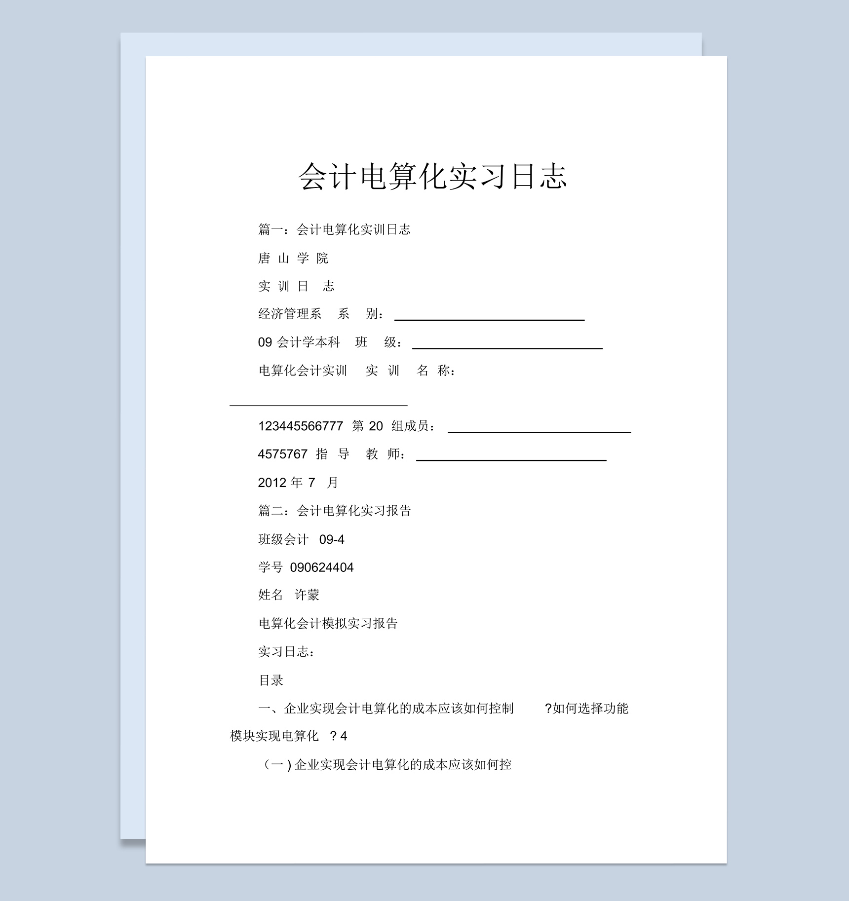 经典风格会计电算化专业大学生实习日志Word模板