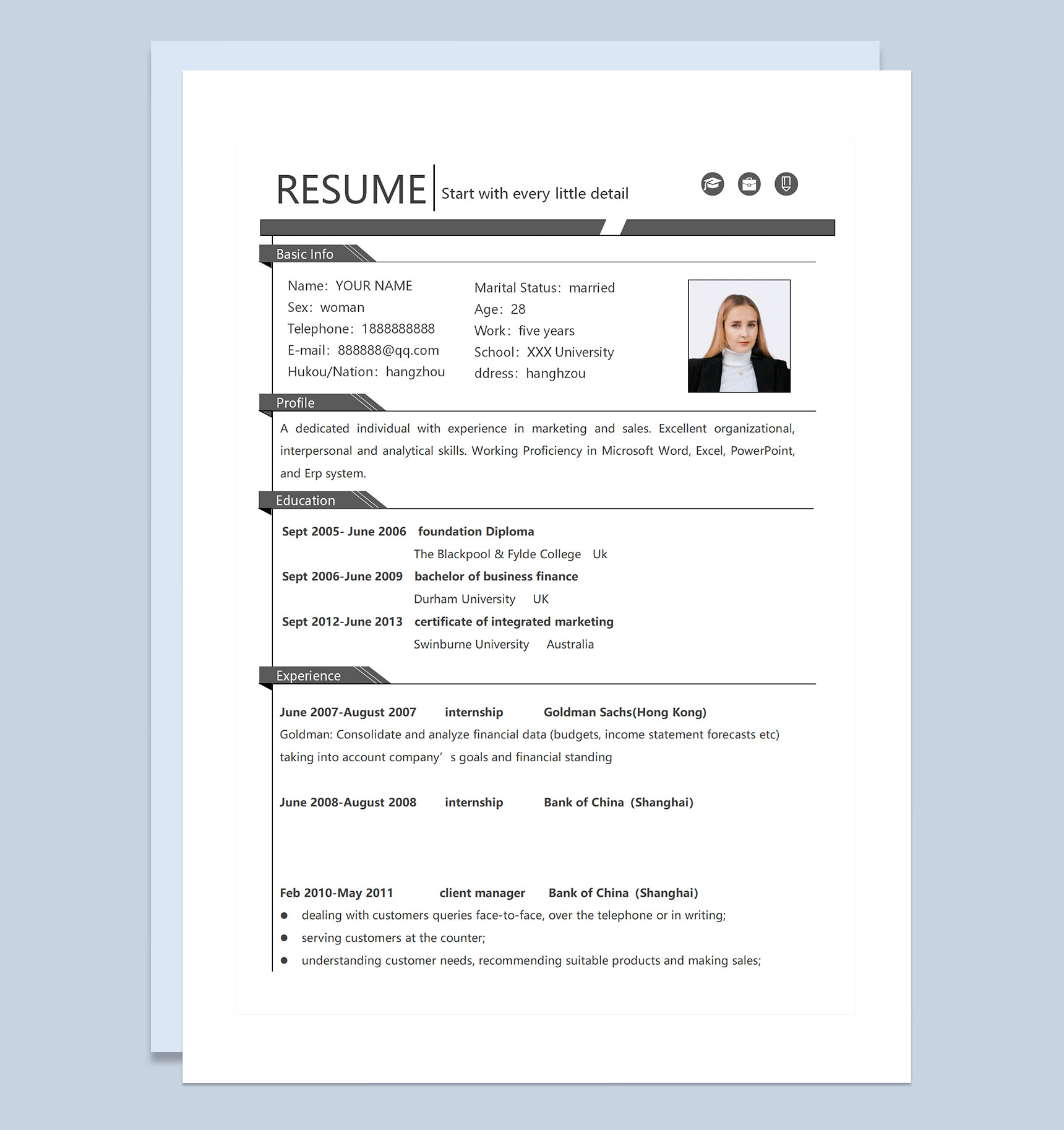 营销总监客户经理通用纯英文简历个人简历求职简历Word模板