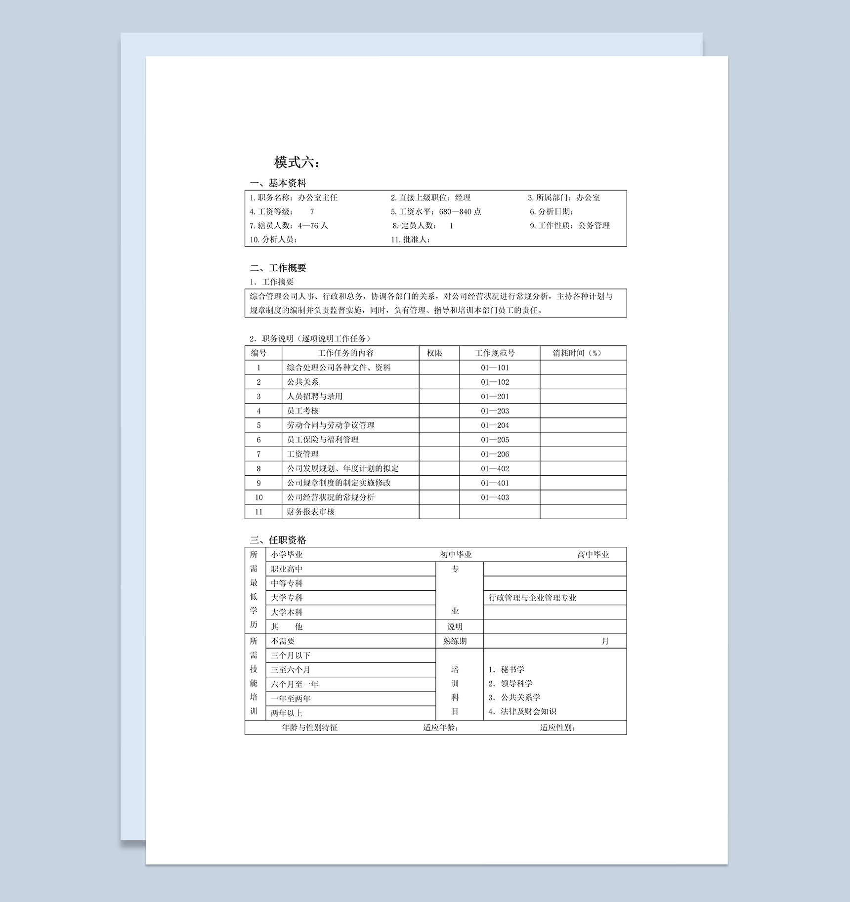 办公室主任岗位职责说明书范本Word模板