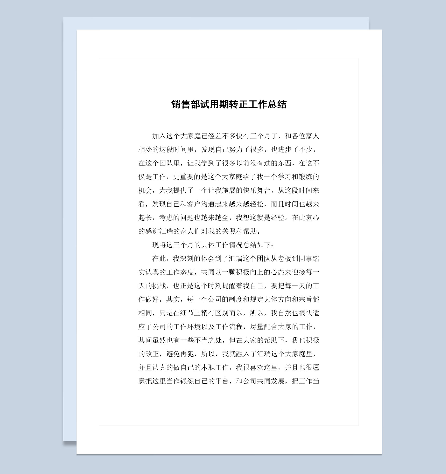 公司销售部员工试用期通用转正工作总结Word模板