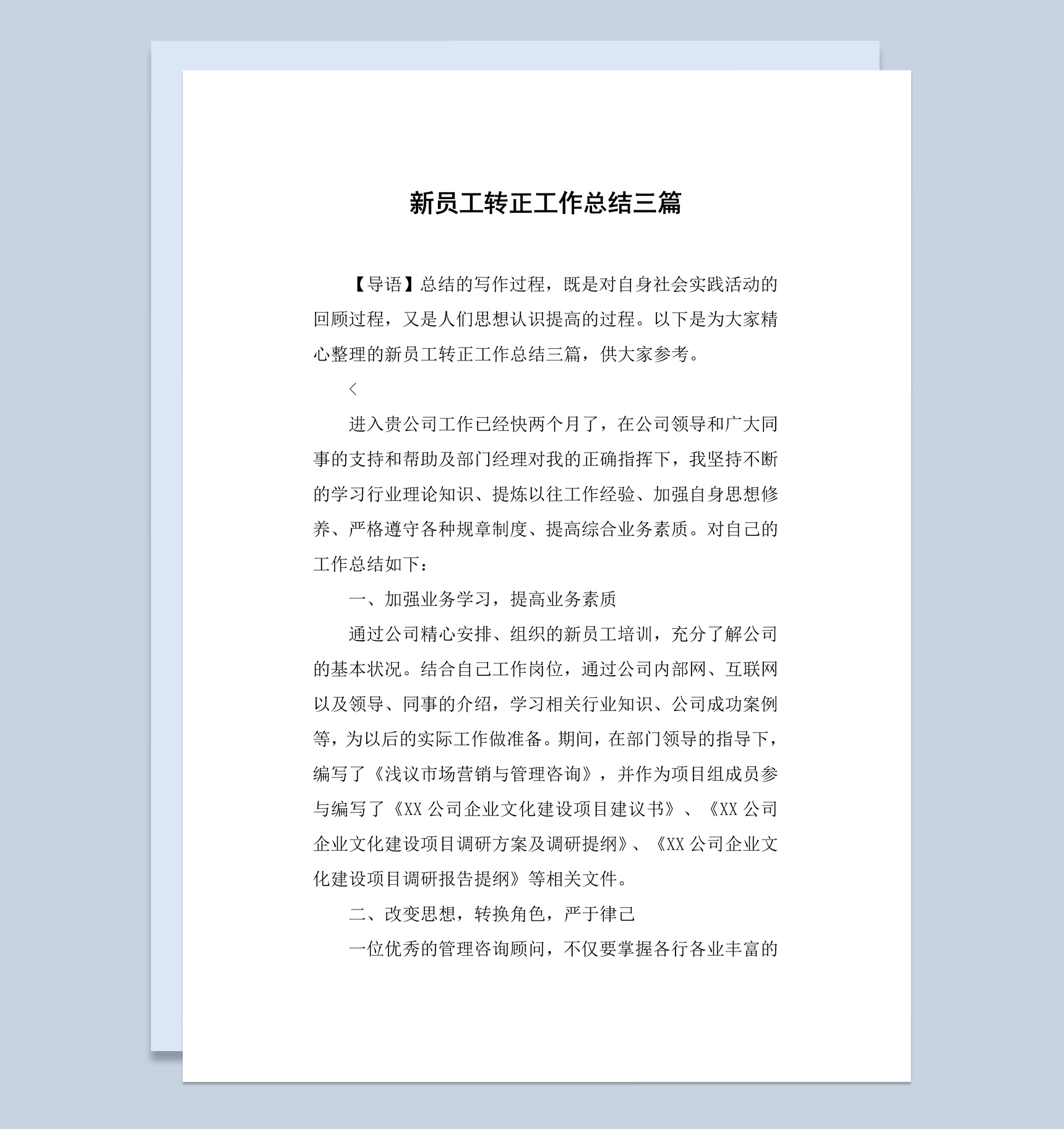 营销与管理部门新员工转正工作总结报告Word模板