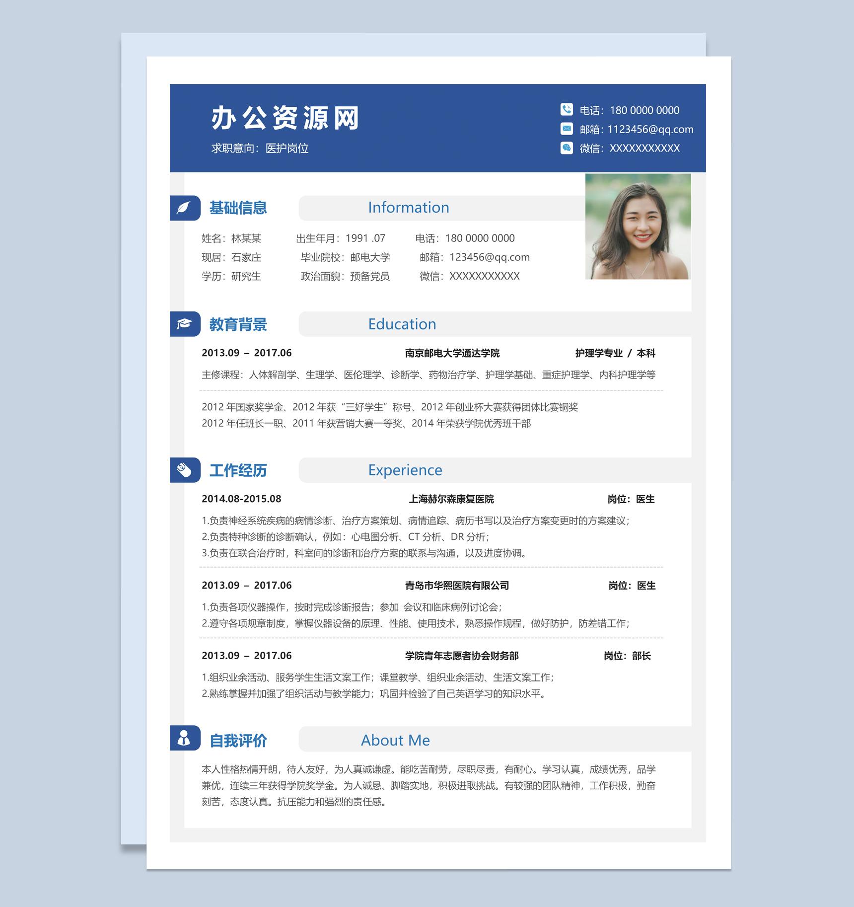 蓝色简约风格医护岗位个人简历Word模板