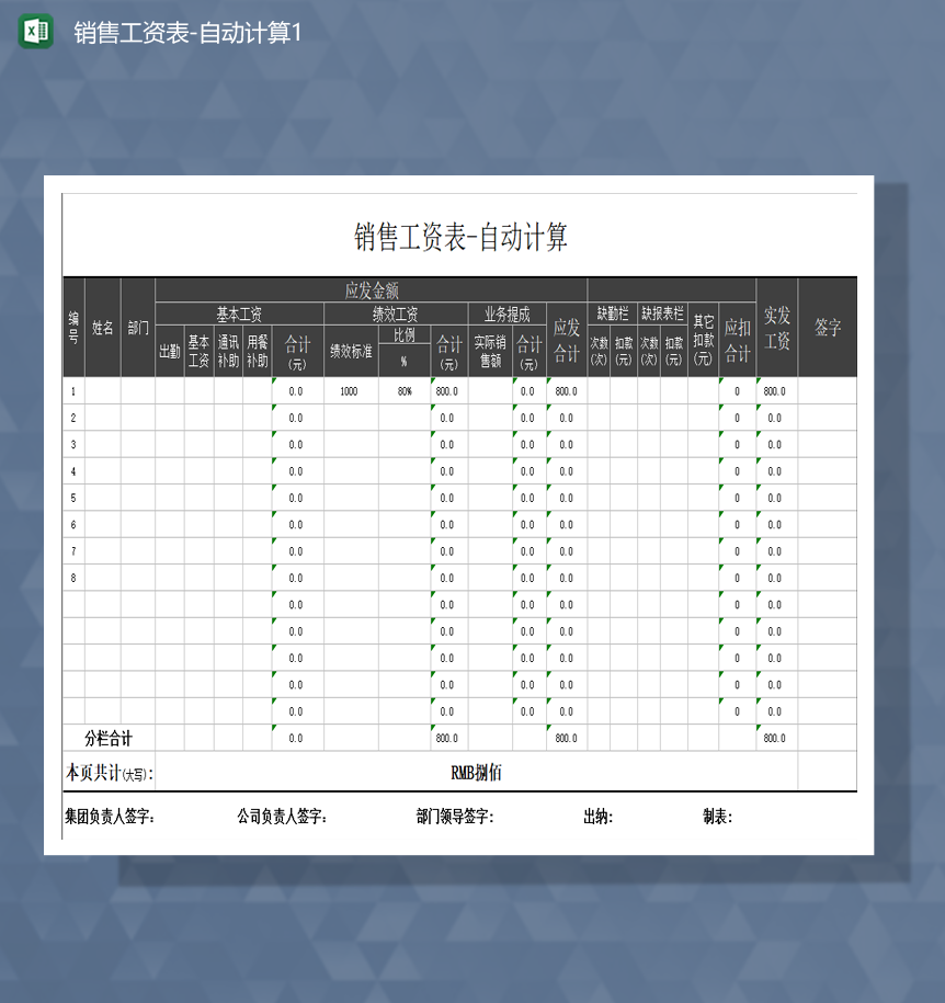 部门出勤工资详情报表员工工资Excel模板