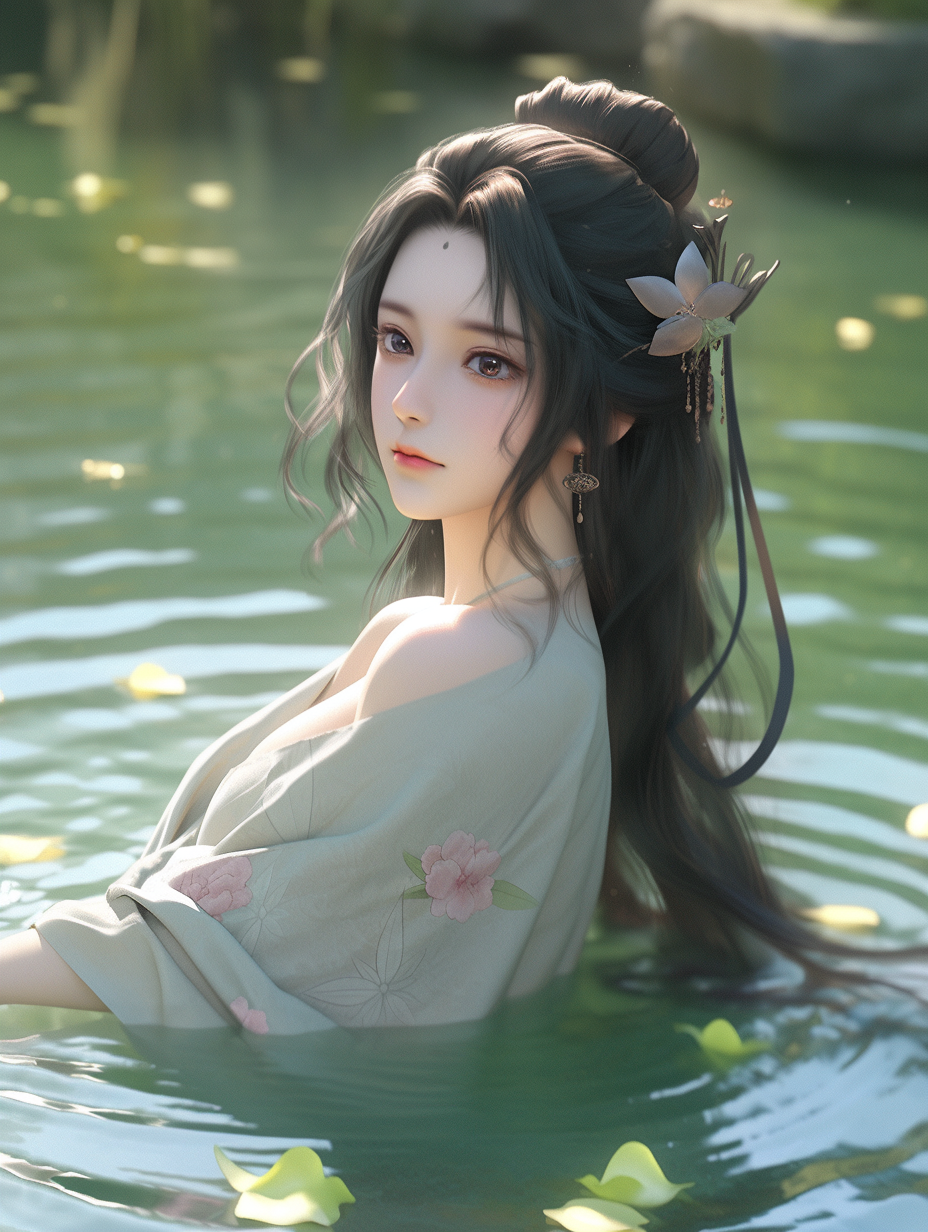 3d女孩在湖中游泳图片免费下载