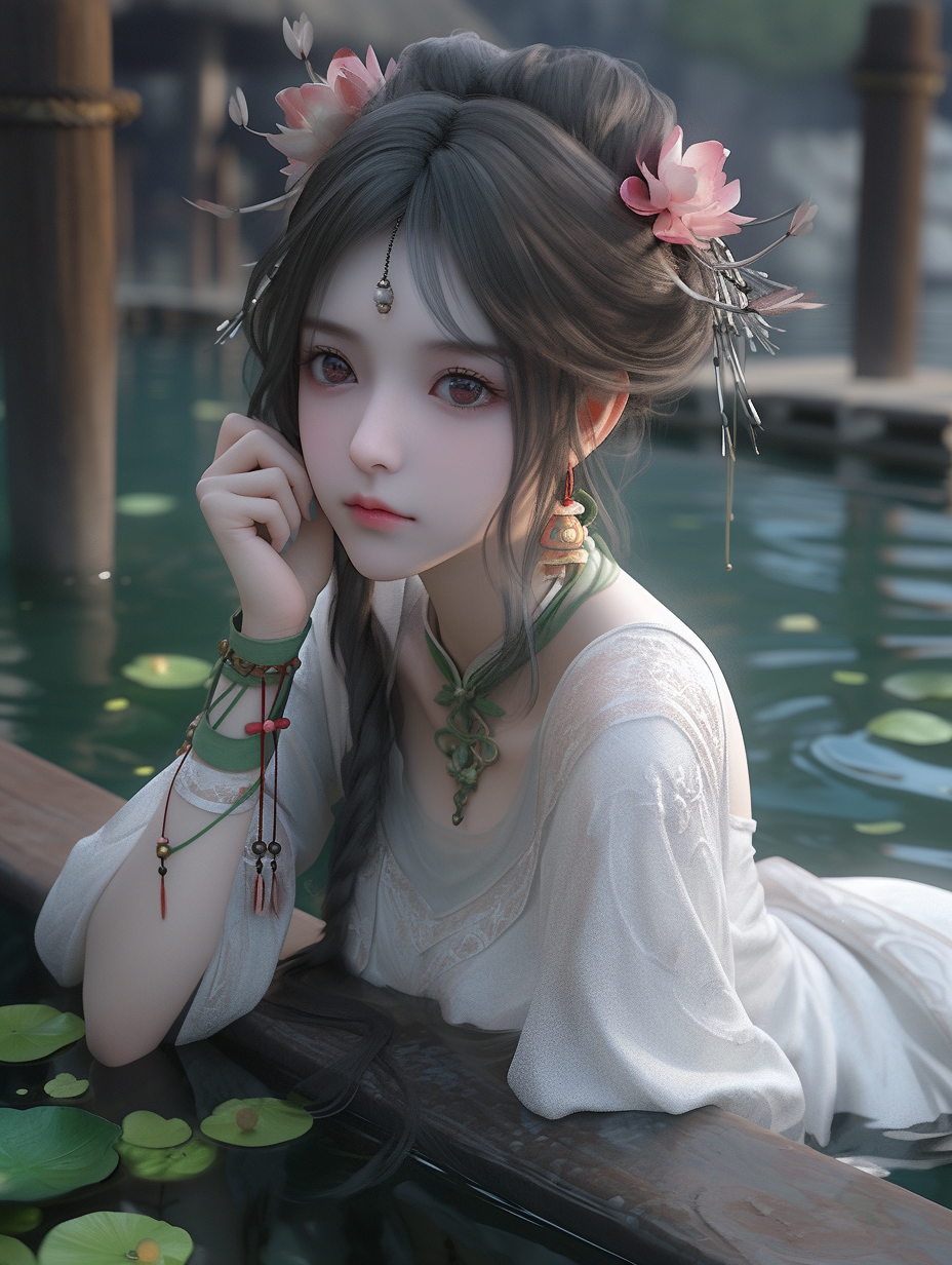 3d女孩在湖中游泳图片免费下载