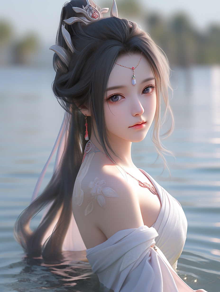 女孩在湖中游泳手机壁纸图片下载