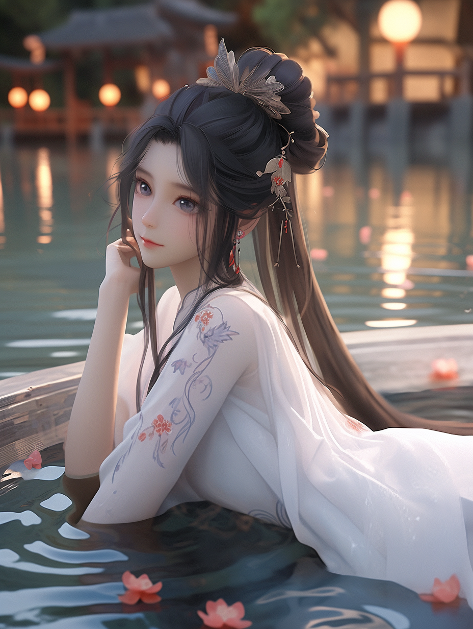 3d女孩在湖中游泳图片免费下载