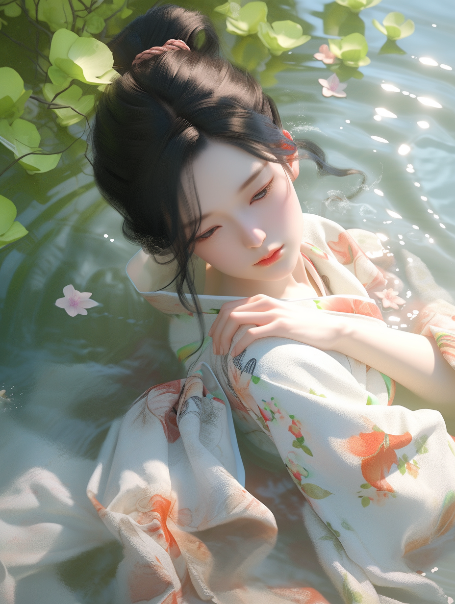 女孩在湖中游泳手机壁纸图片下载