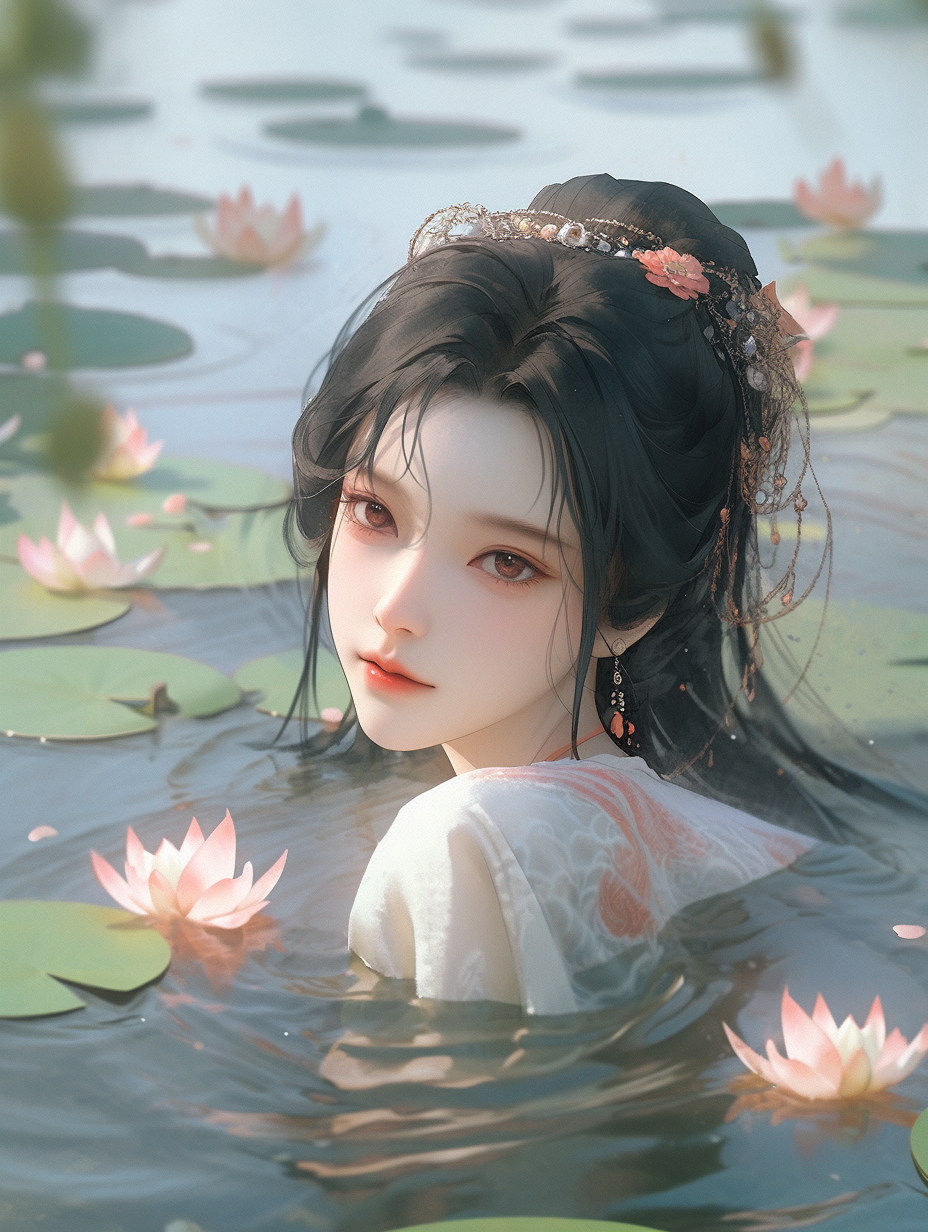 女孩在湖中游泳手机壁纸图片下载