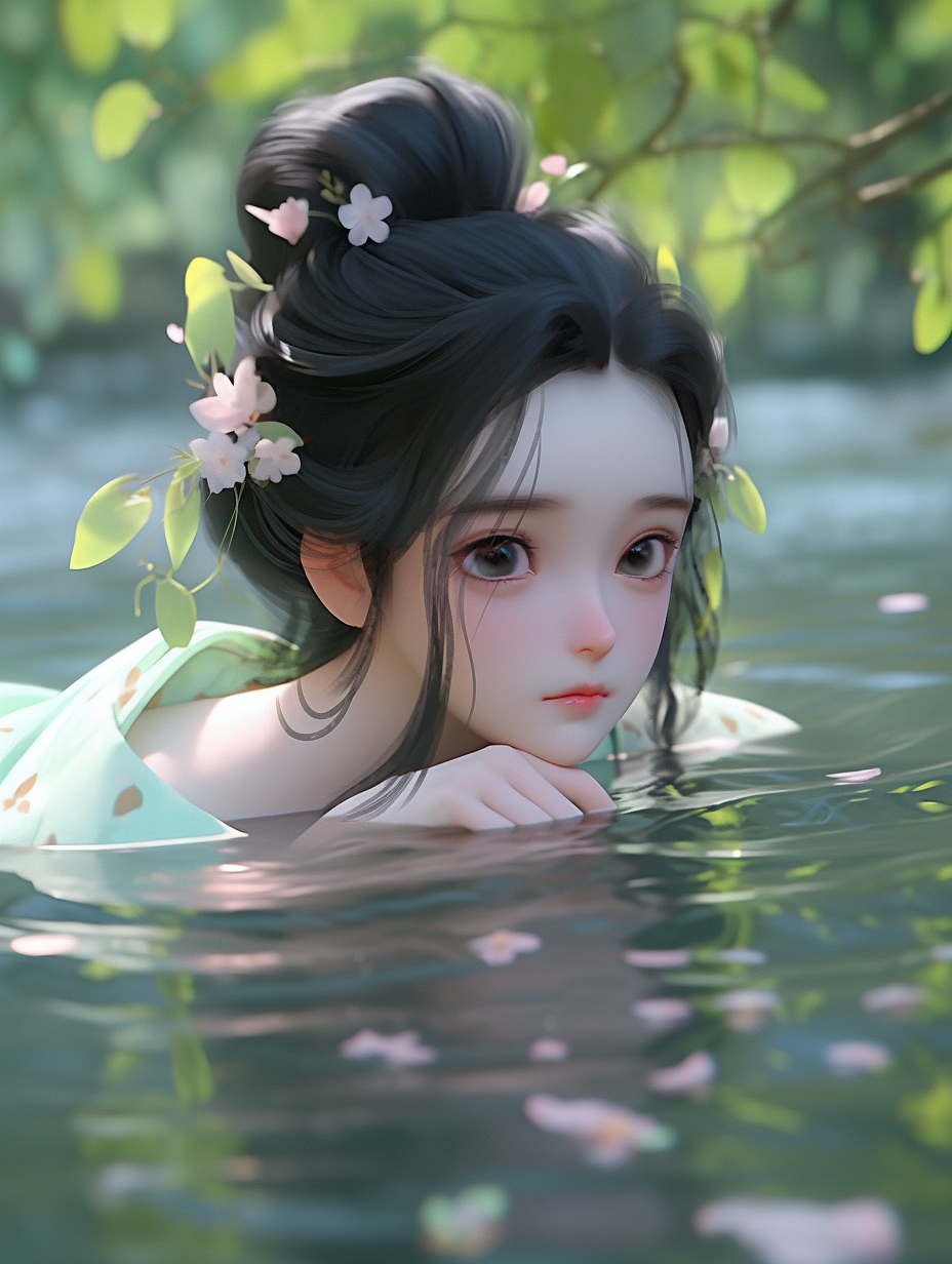 3d女孩在湖中游泳图片免费下载