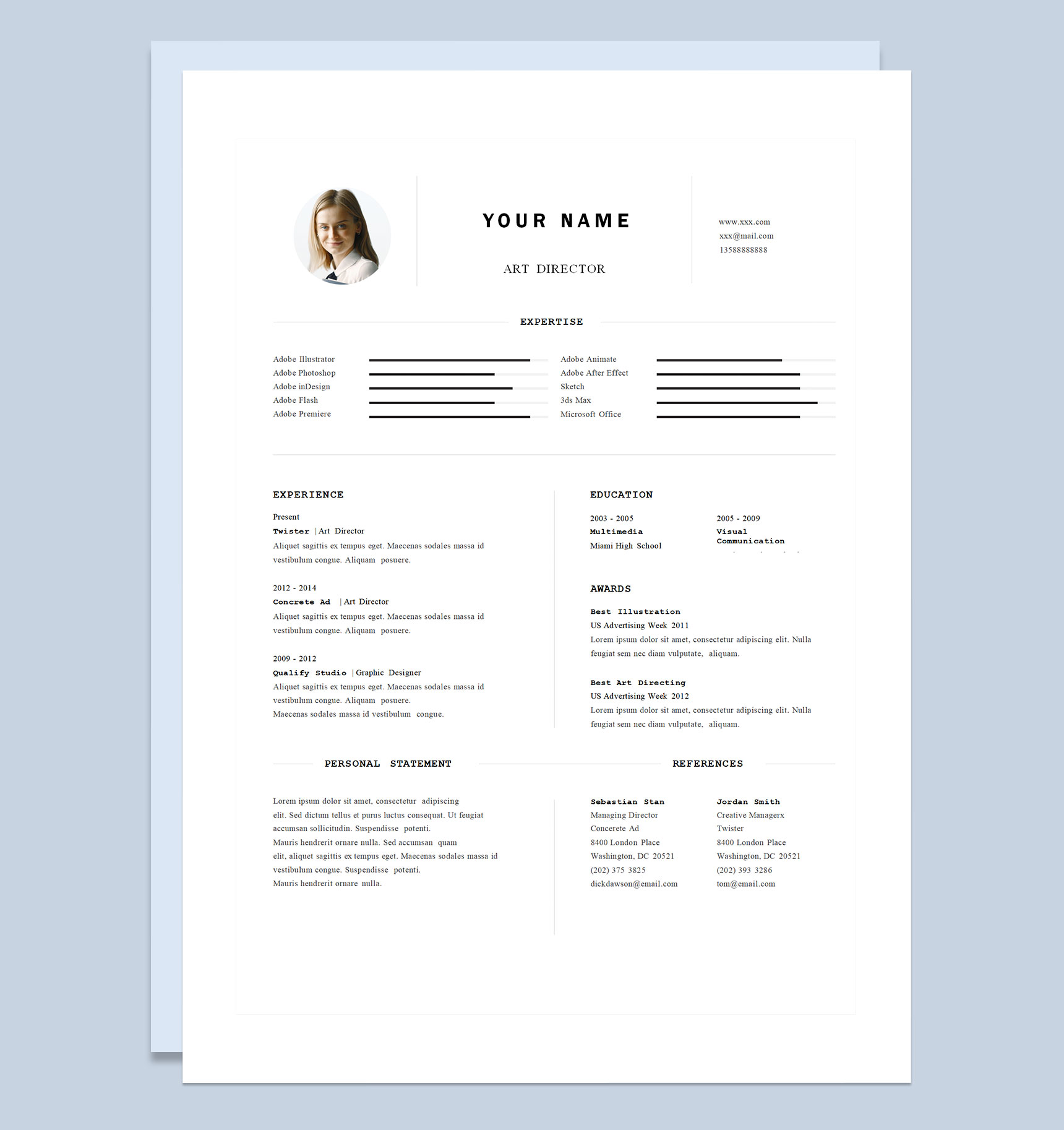 白色商务风外企艺术总监通用个人简历求职简历自荐信Word模板