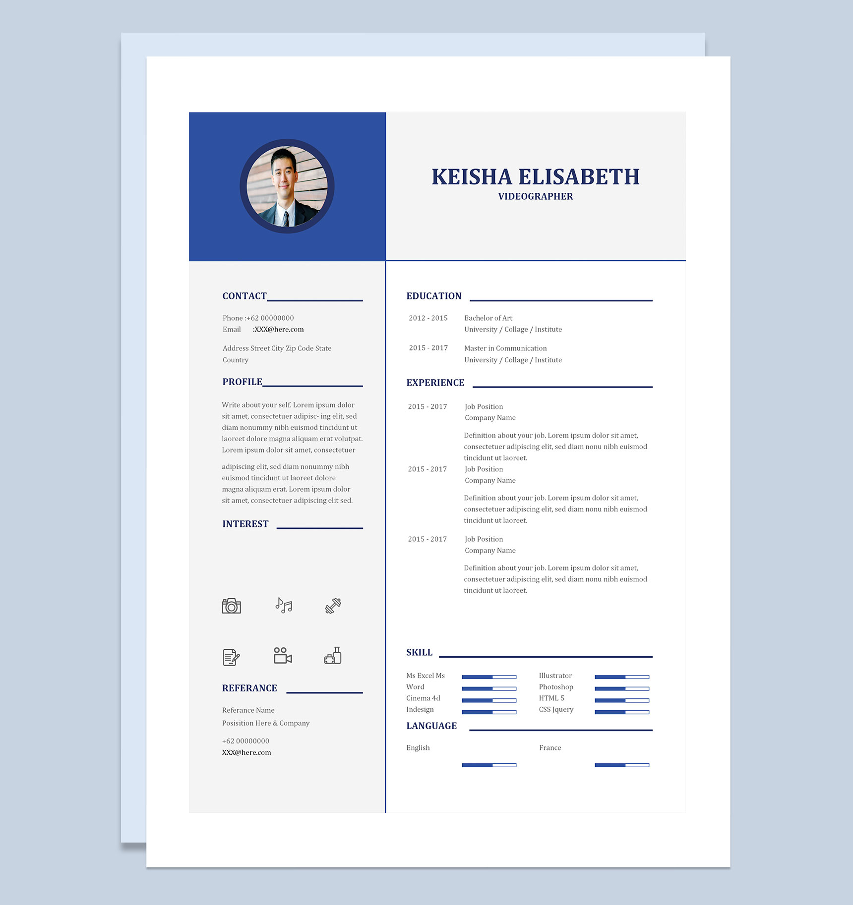 蓝色简约摄影师求职通用简历Word模板
