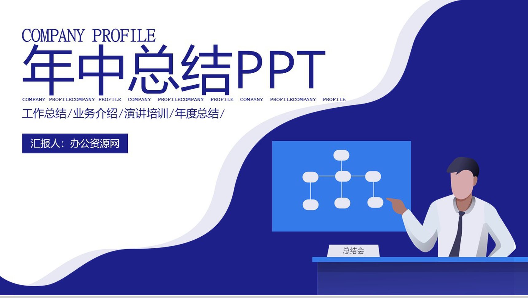 蓝色扁平化2.5D设计年中总结演讲培训PPT模板