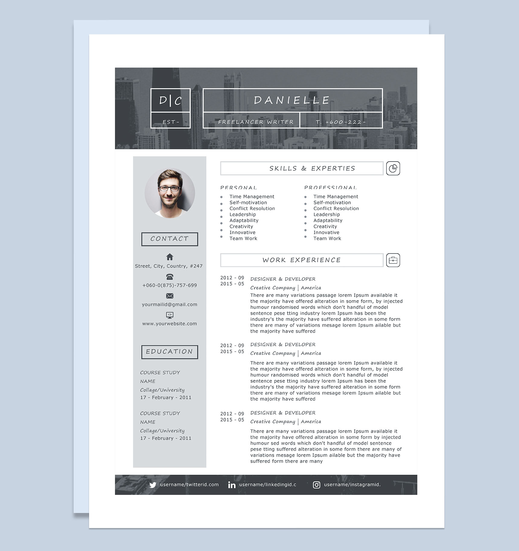 简约大气英文简历自由撰稿人作家通用个人简历求职简历Word模板