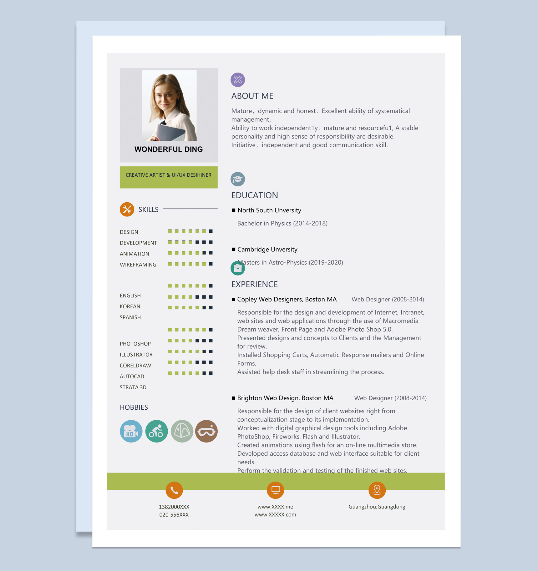 唯美创意风格UI设计师个人求职英文简历Word模板