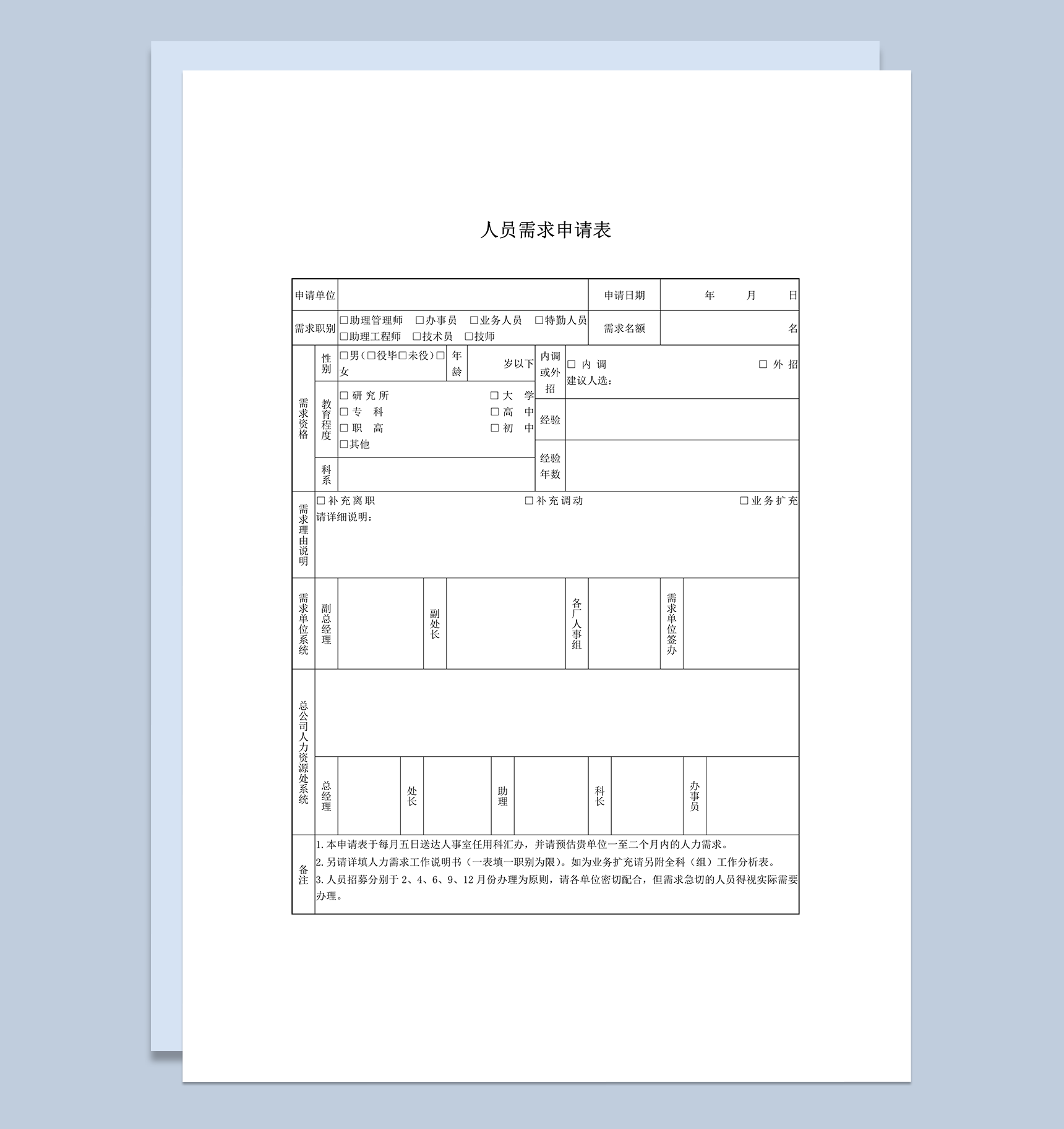 公司人员需求职别调动申请表word模板