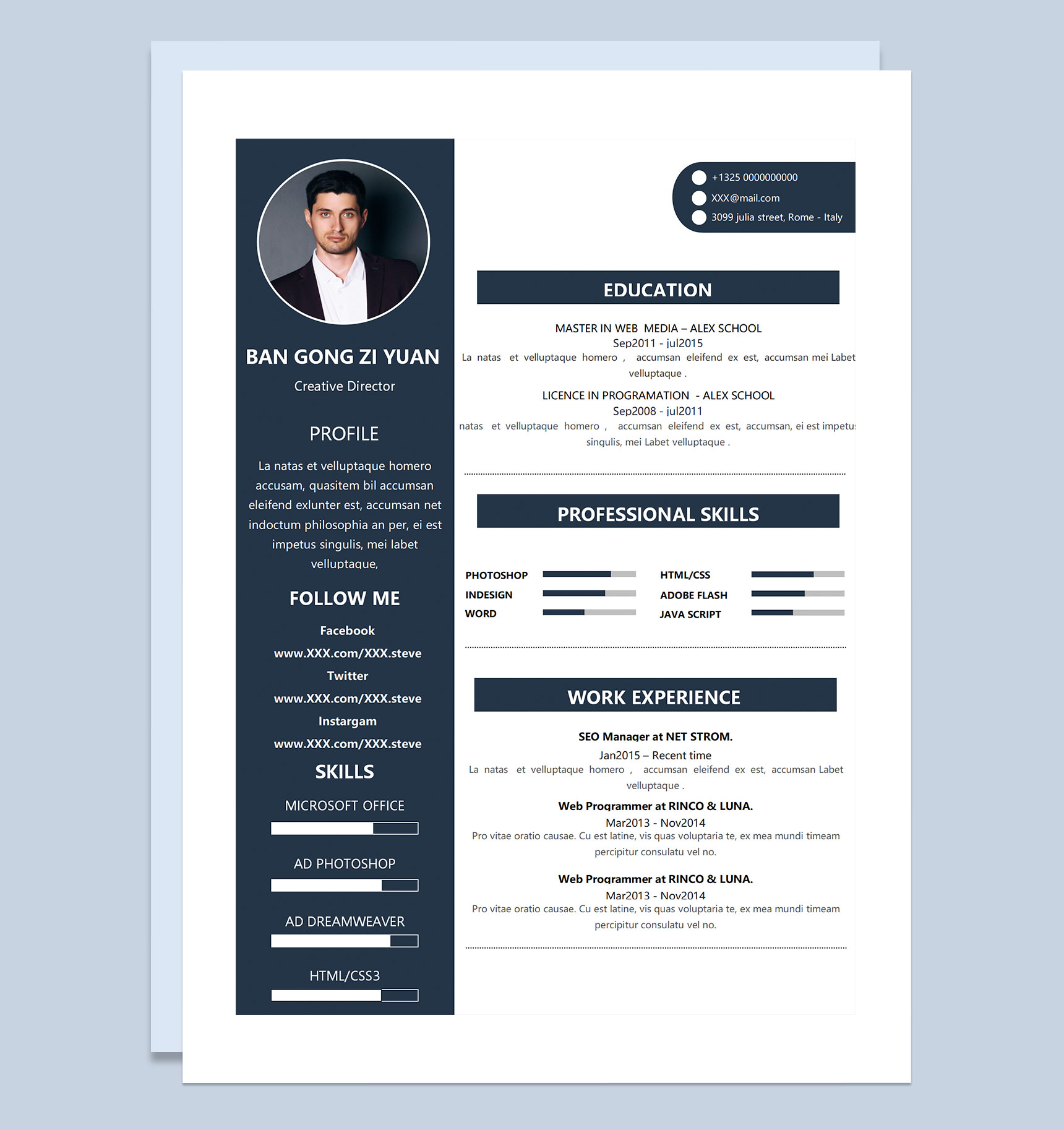 商务风外企创意总监求职通用个人简历英文简历Word模板