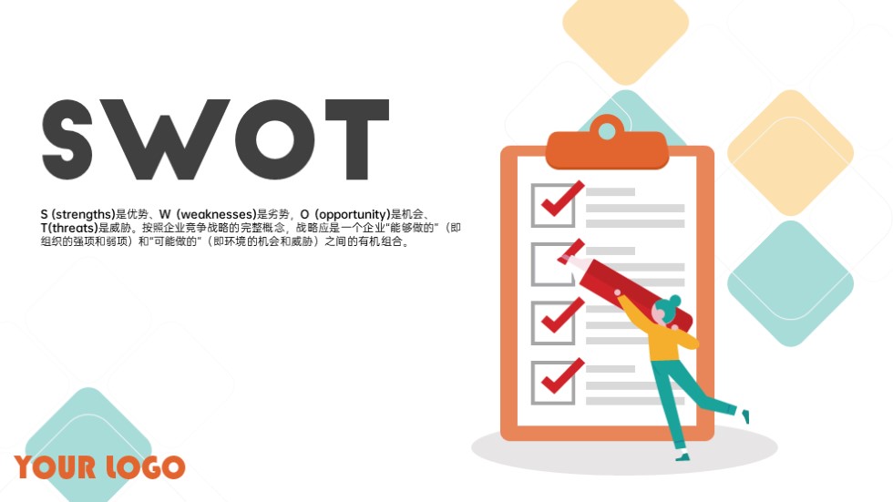 彩色扁平化SWOT分析模型图PPT图表模板