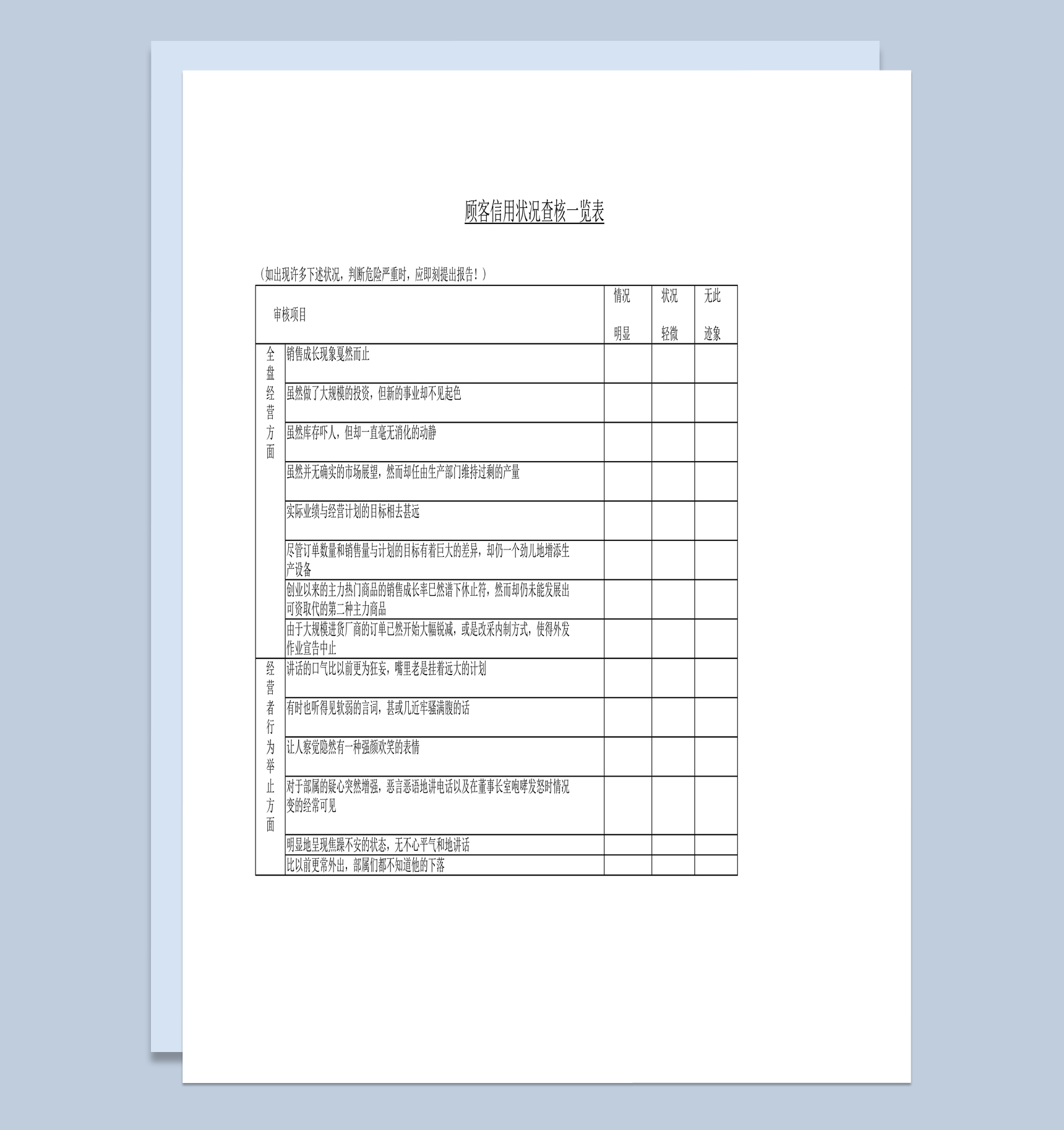 公司交易状况顾客信用状况查核一览表word模板