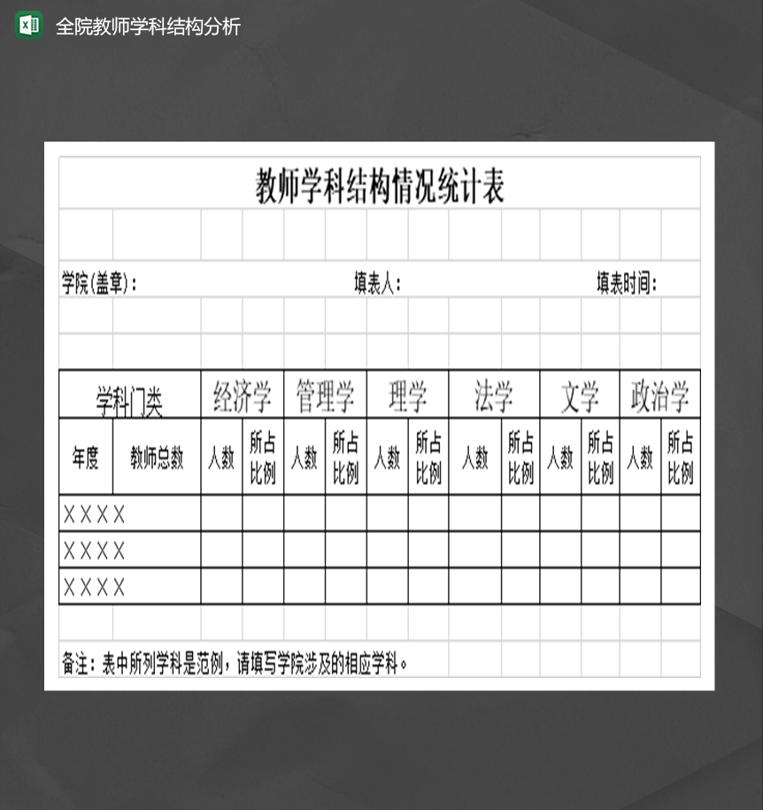 高校教师学科结构情况统计表Excel模板