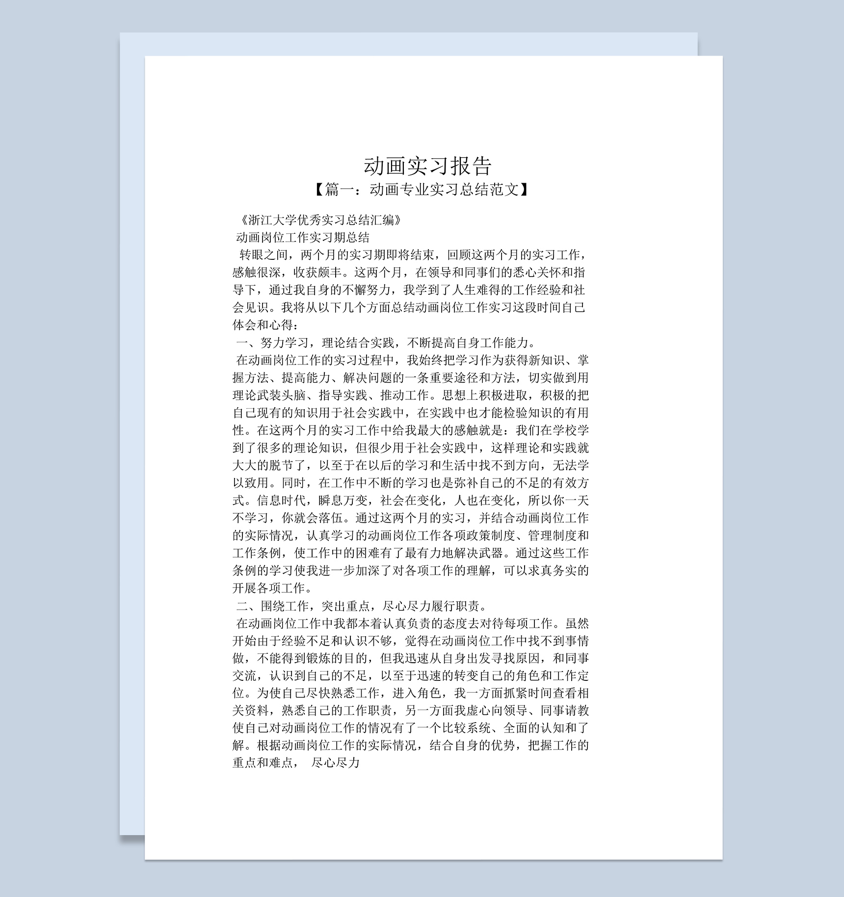 简洁风格大学动画专业实习总结报告范本Word模板