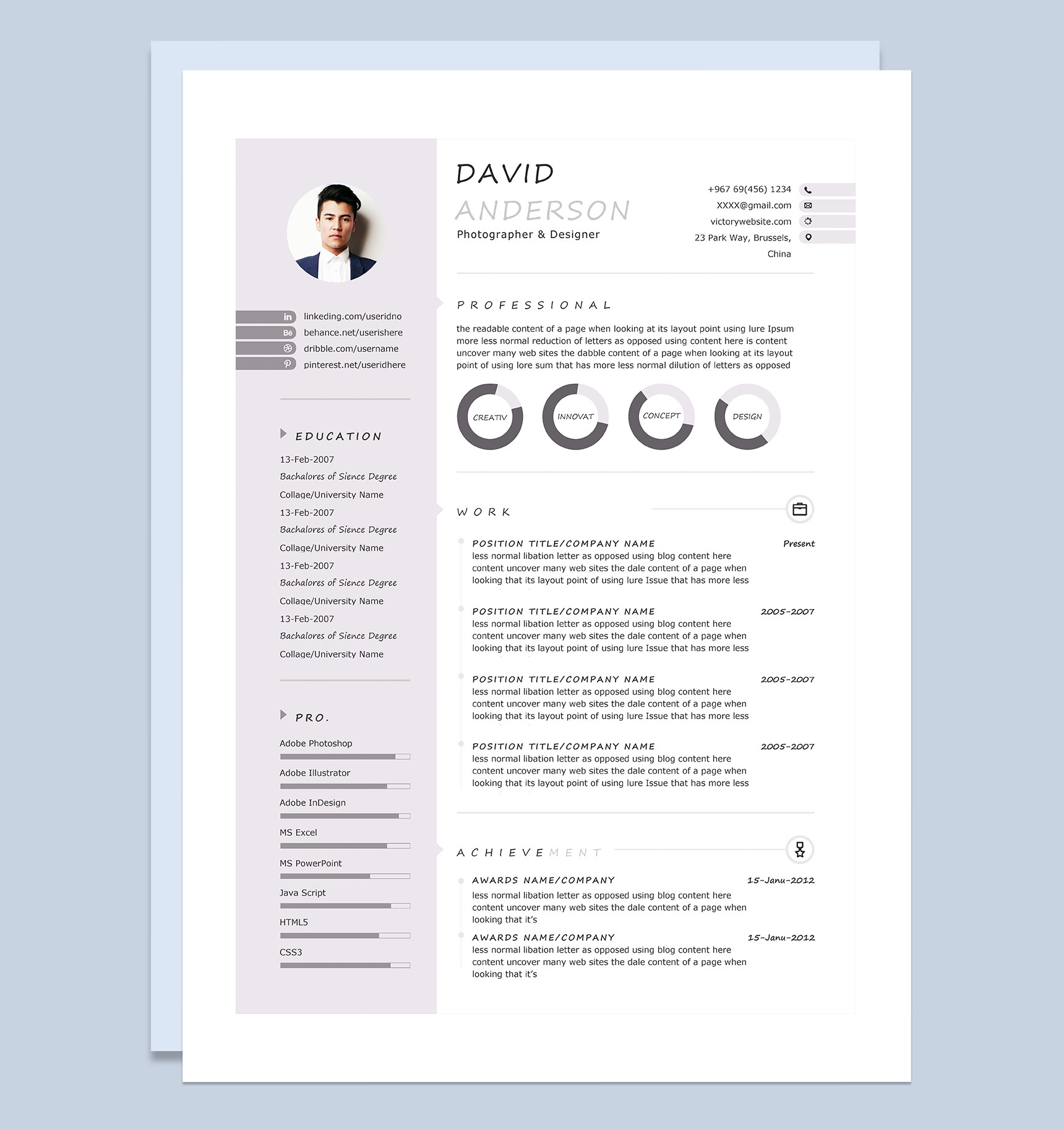 摄影师和设计师通用个人简历自荐信求职简历Word模板