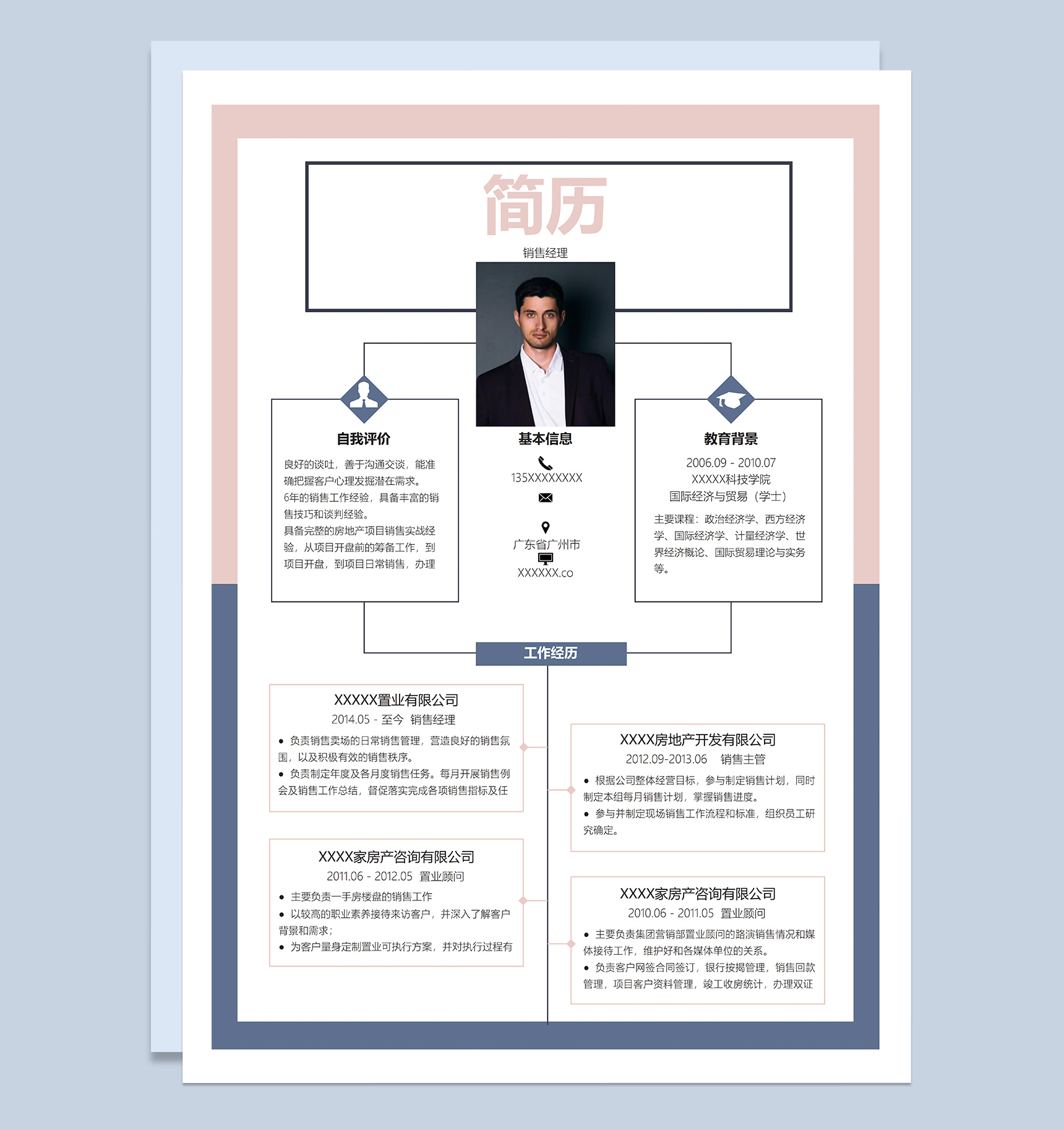 蓝色经典风格销售经理岗位个人求职简历Word模板