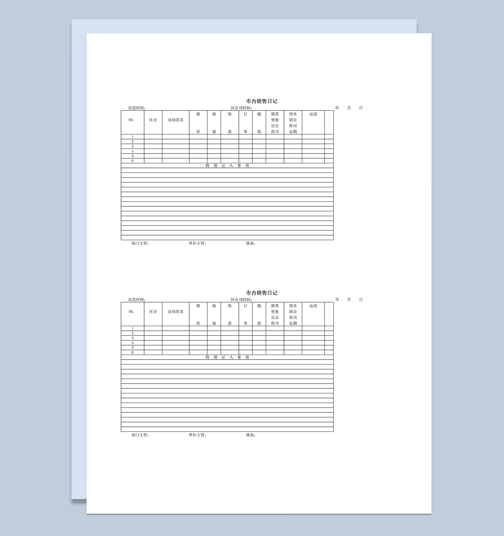 公司市内销售日记统计详情记录表word模板