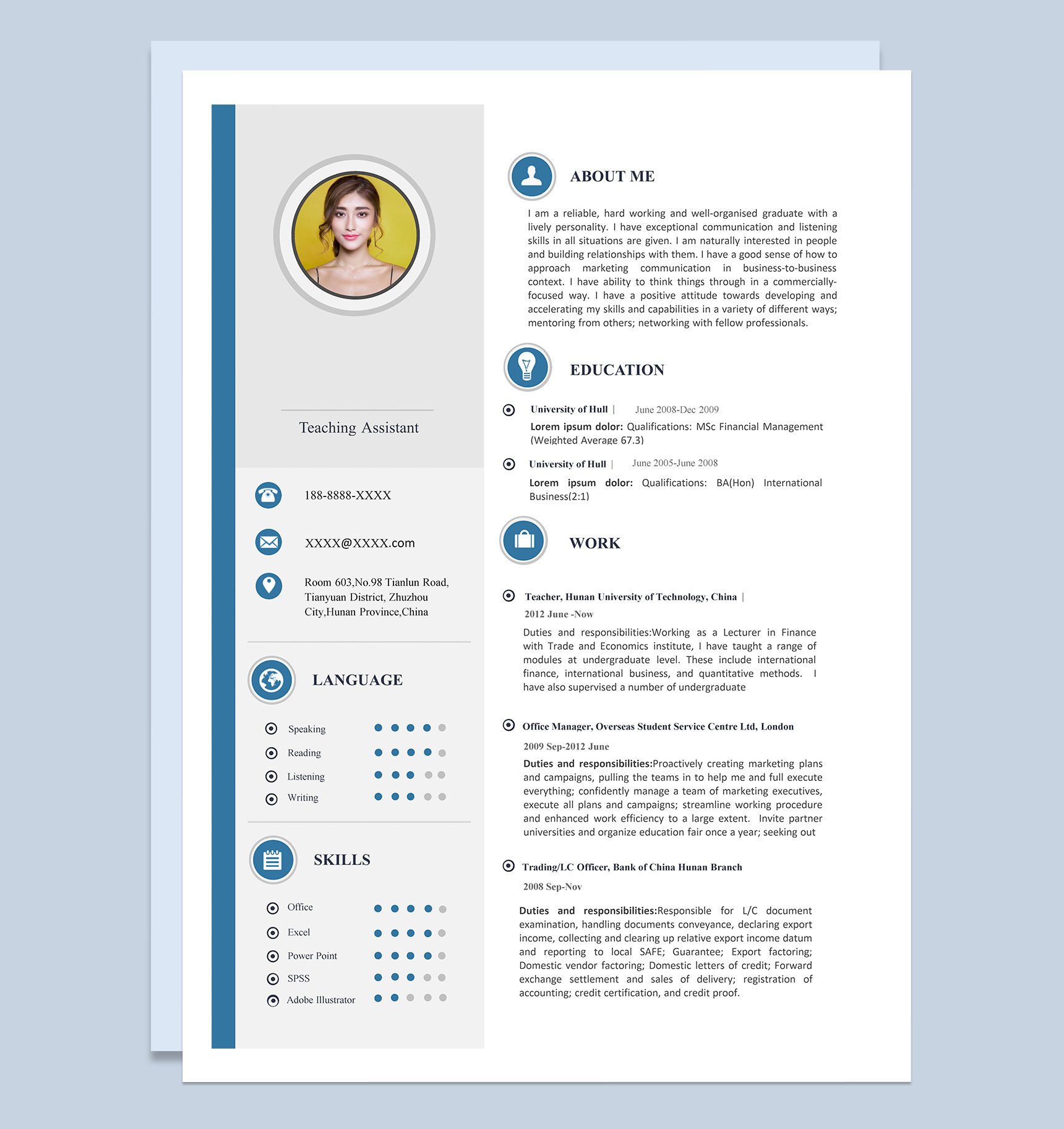 蓝色商务风格大学助教岗位个人求职英文简历Word模板