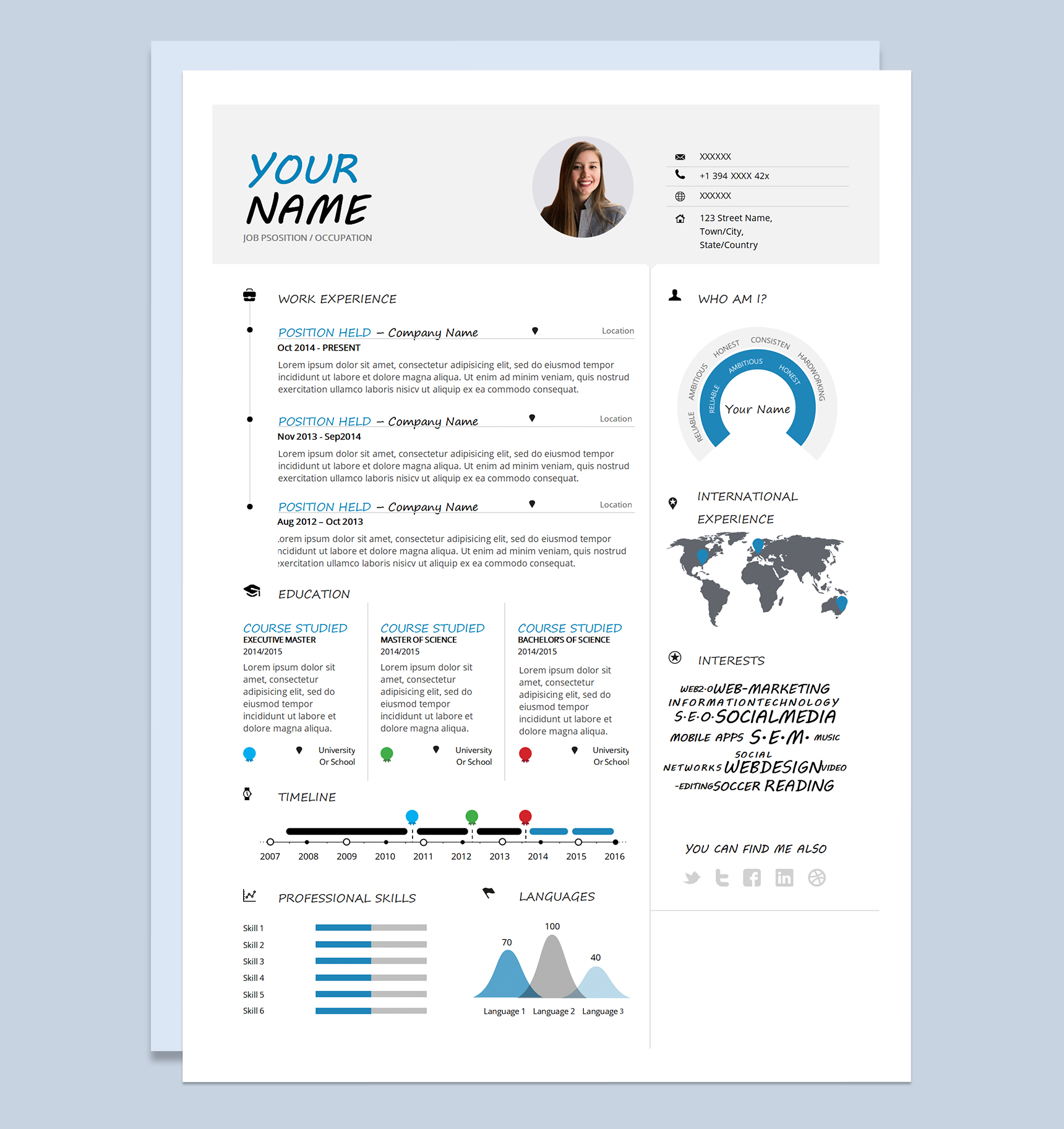 简约商务风会计设计相关岗位个人通用英文简历Word模板