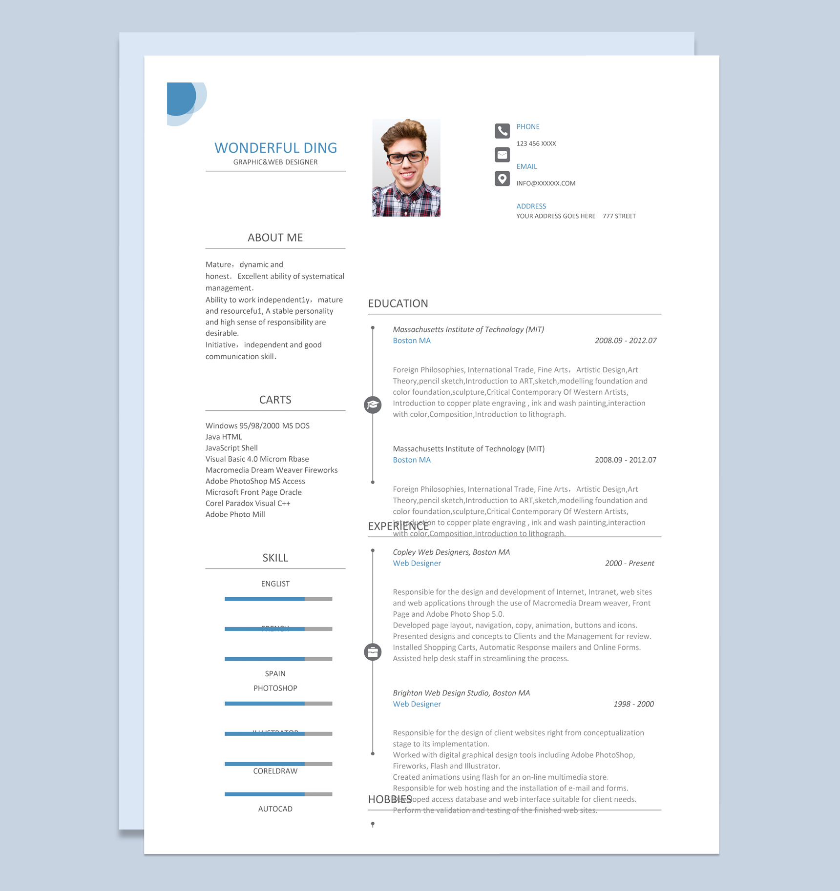 白色简约风格设计人员个人求职英文简历Word模板
