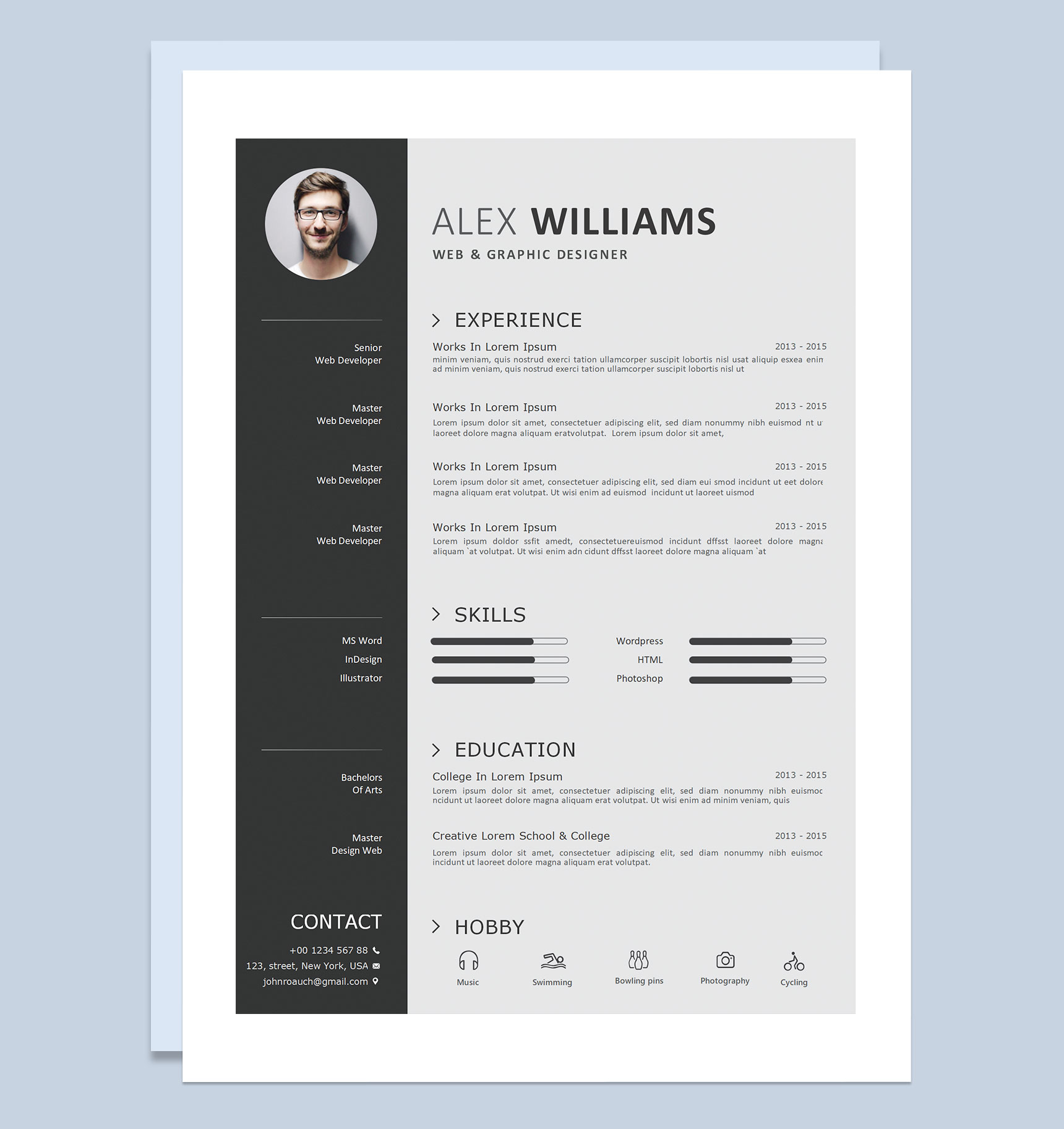 灰色欧美风网页和平面设计师通用求职简历个人简历Word模板