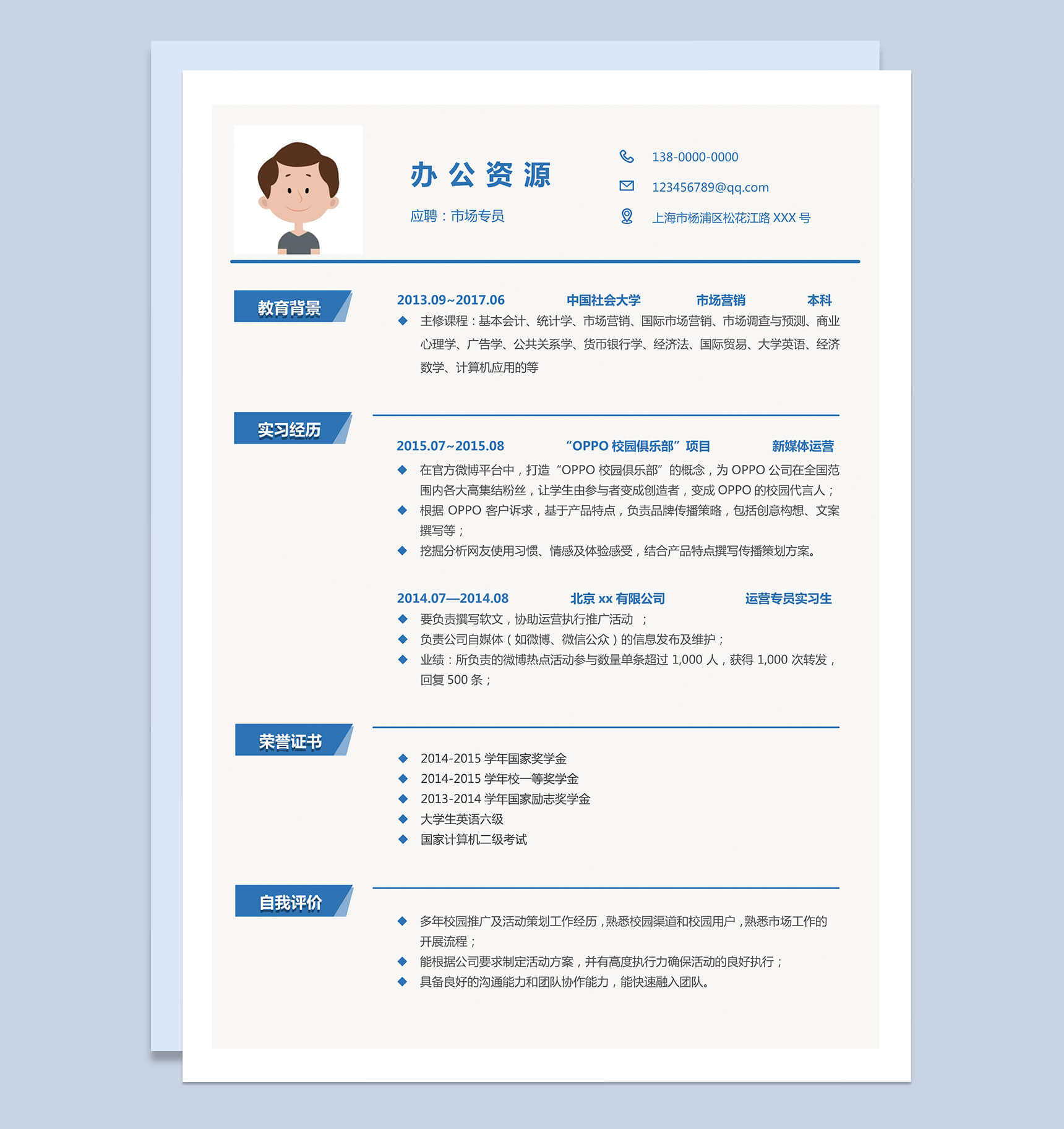 市场专员工作销售简历求职Word模板