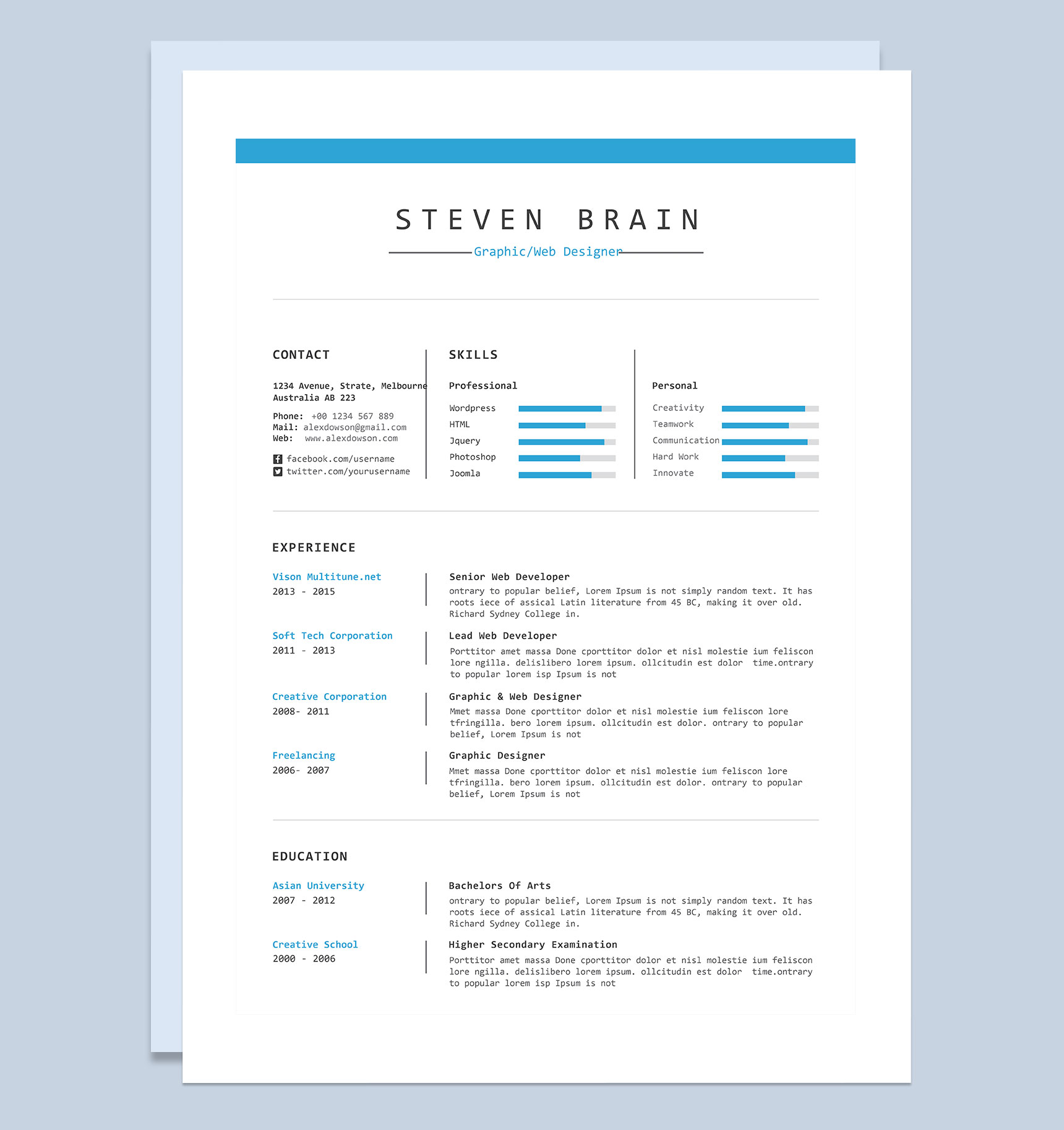 简约扁平风平面设计师网页设计师常用个人简历求职简历Word模板