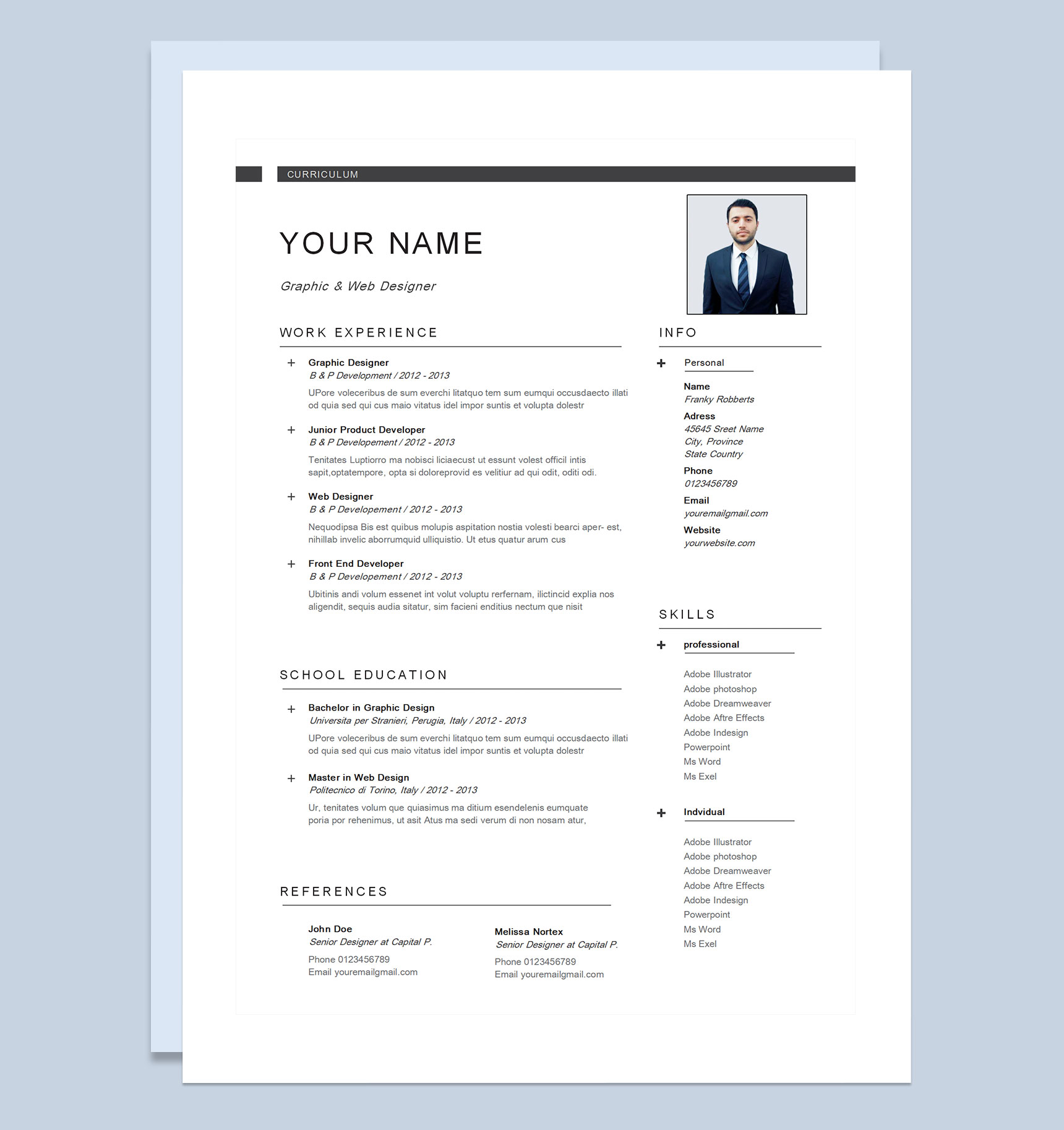 平面设计师和网页设计通用的纯英文个人简历求职简历套装Word模板